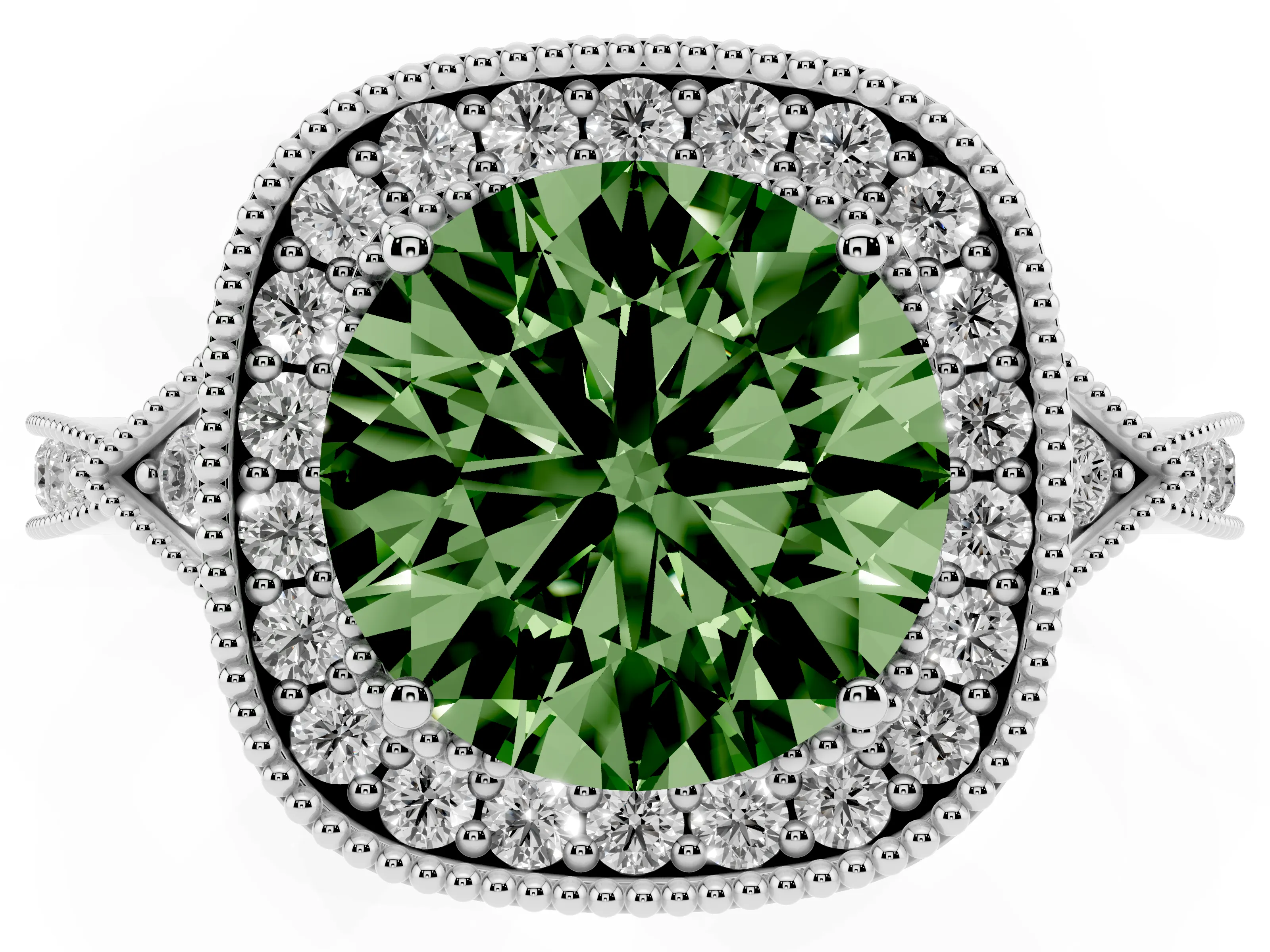 Fancy Green Round Cut Diamond Halo Engagement Ring Set in Platinum with Milgrain Pavé Band