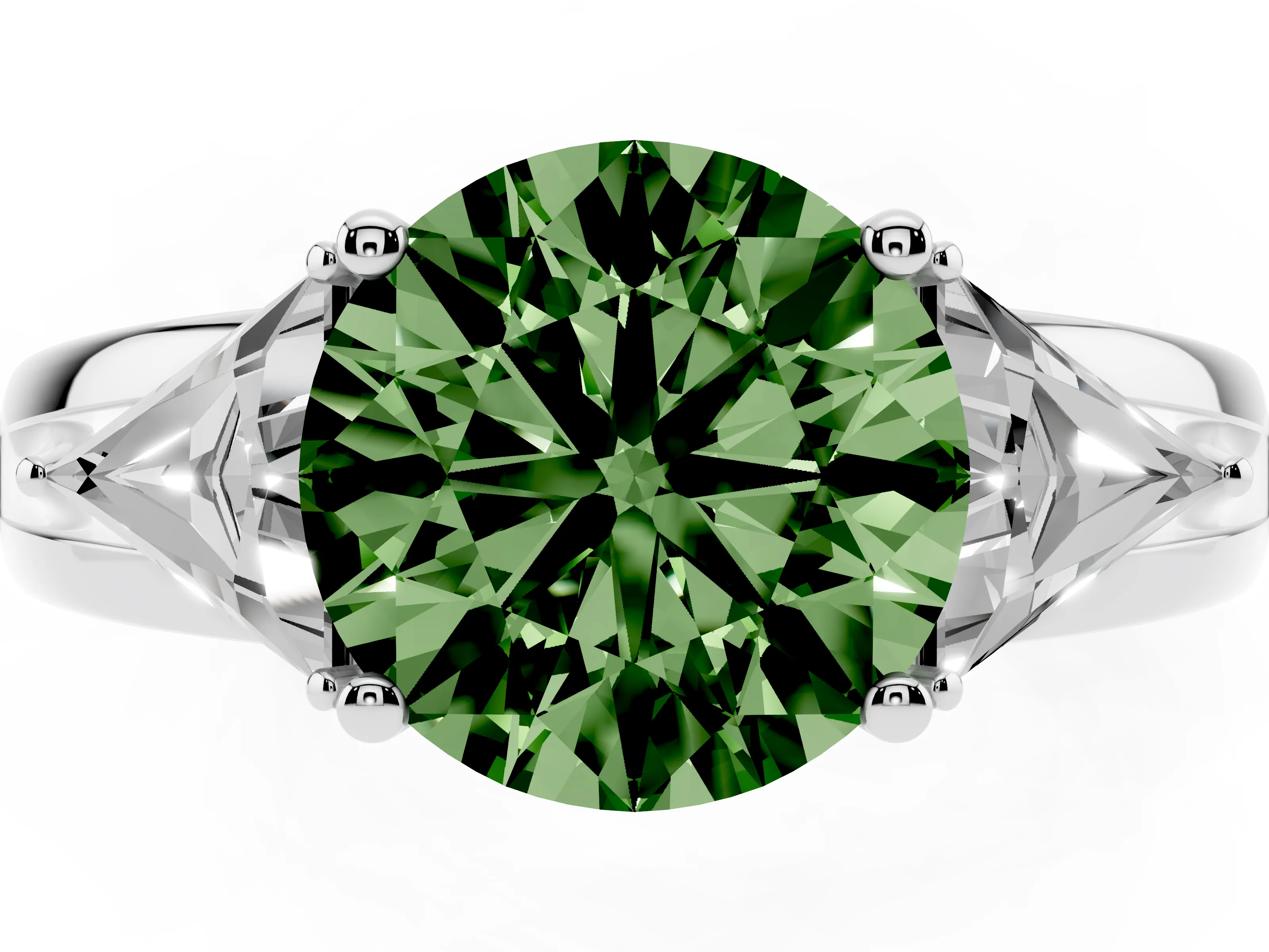 Fancy Green Round Cut Diamond Three-Stone Ring Set in Silver with Trillion Side Stones and Split Shank