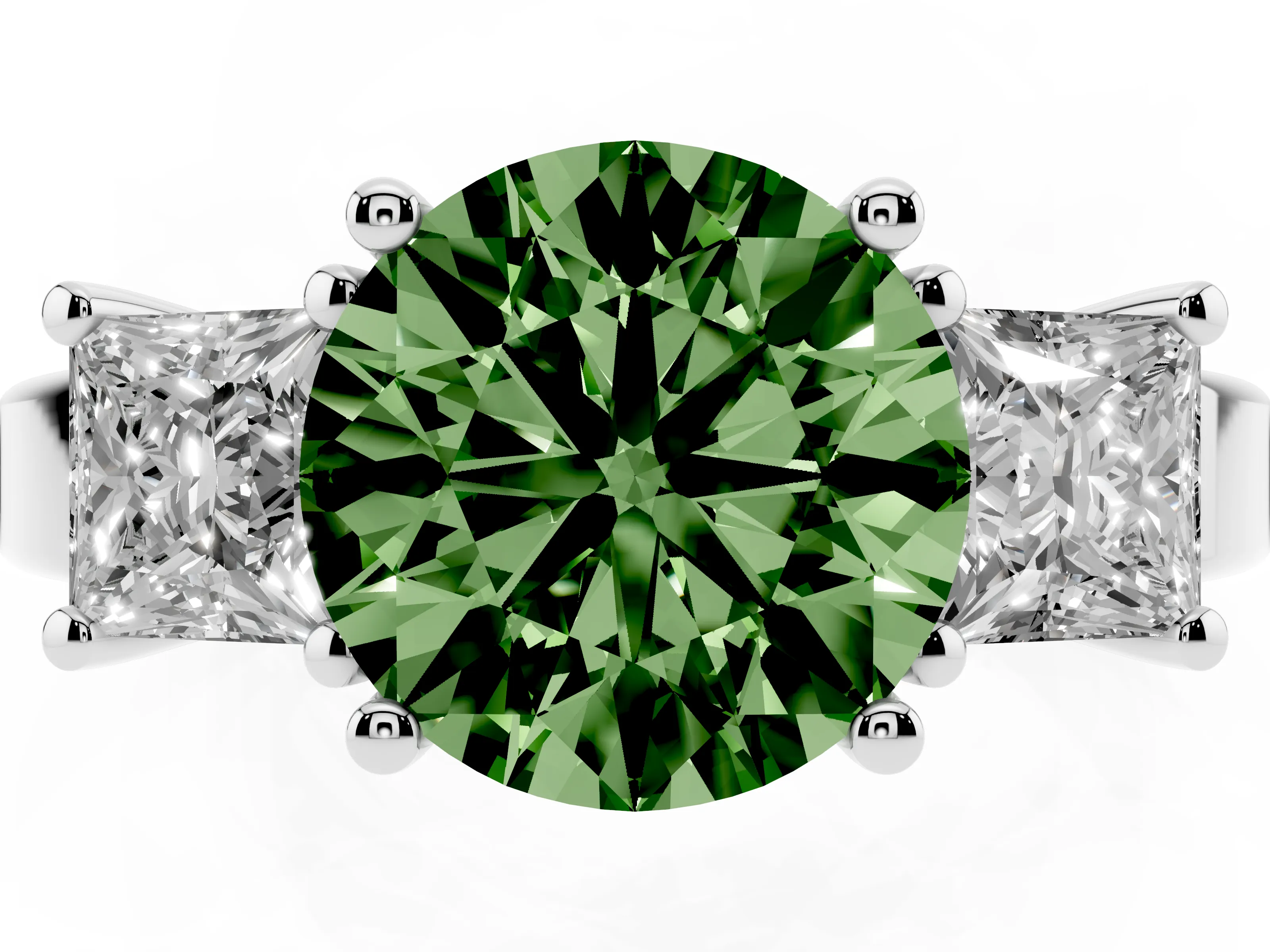 Fancy Green Three-Stone Round Cut Diamond Solitaire Ring Set in White gold with Prong Setting