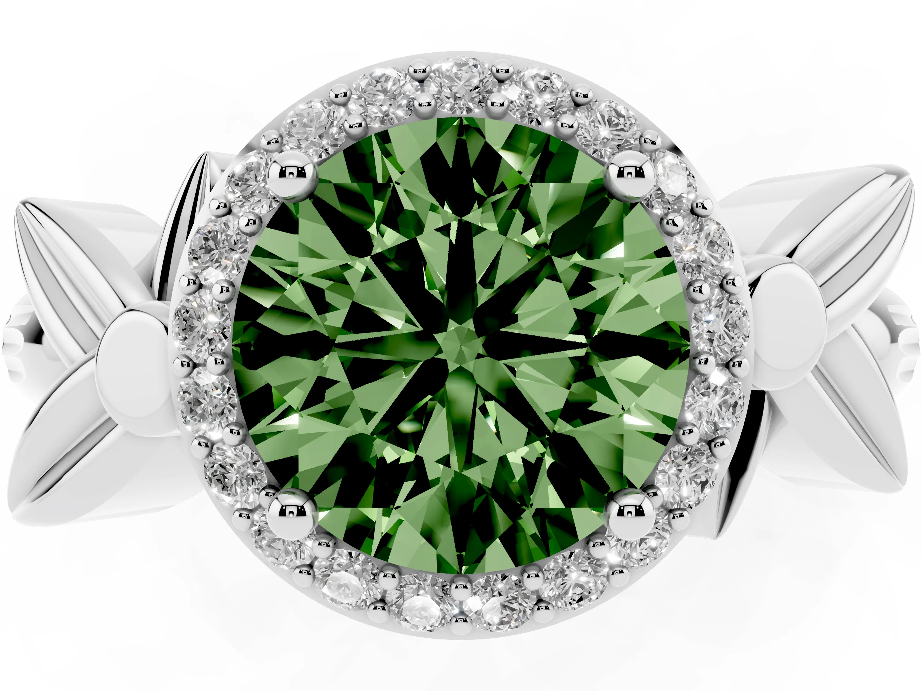 Fancy Green Round Cut Diamond Halo Floral Band Ring Set in Silver with Prong Setting