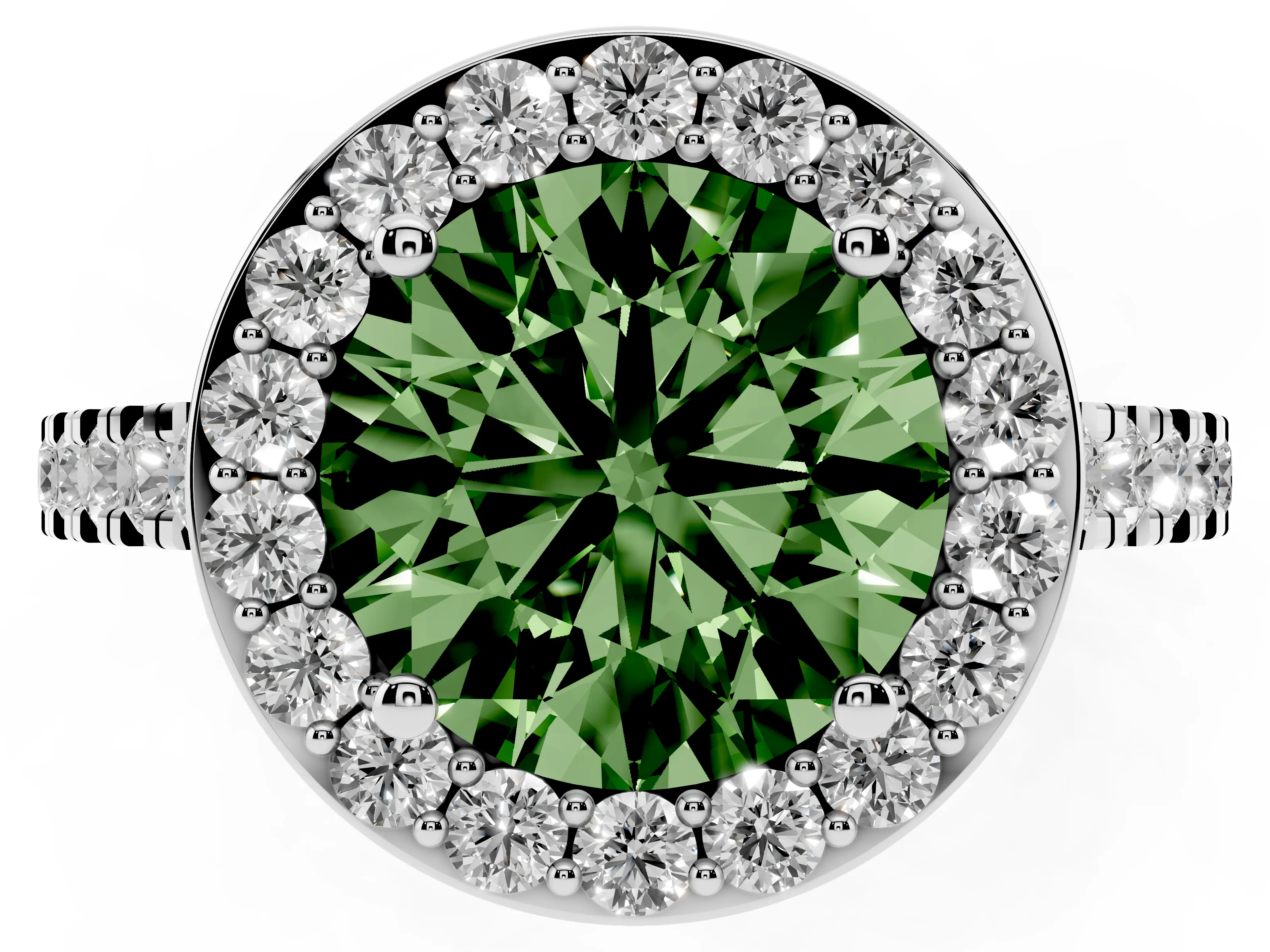 Fancy Green Round Cut Diamond Halo Ring Set in White gold with Round Pavé Split Shank and Prong Setting