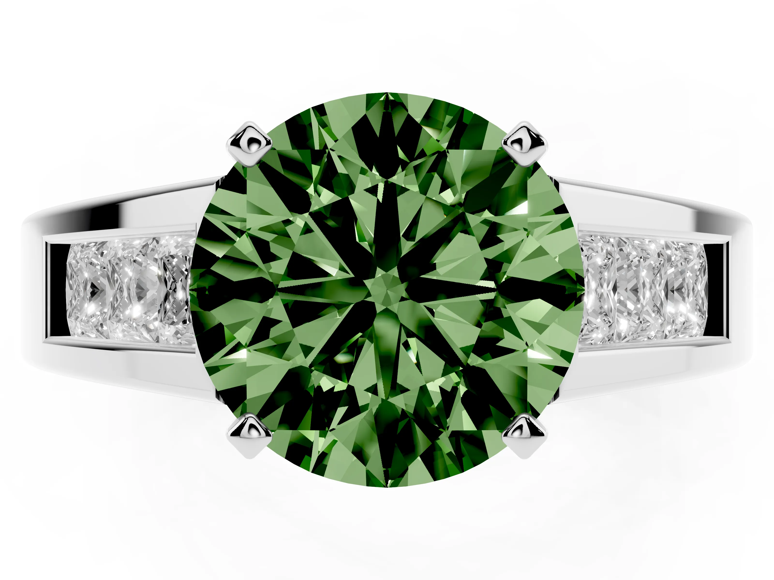 Fancy Green Round Cut Diamond Solitaire Ring Set in Silver with Channel-Set Accent Stones and Prong Setting