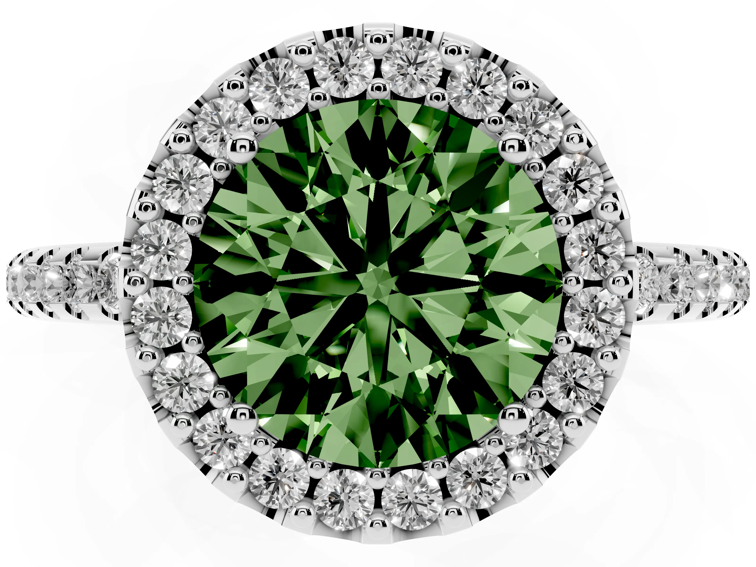 Fancy Green Round Cut Diamond Pavé Halo Ring Set in Silver with Prong Setting