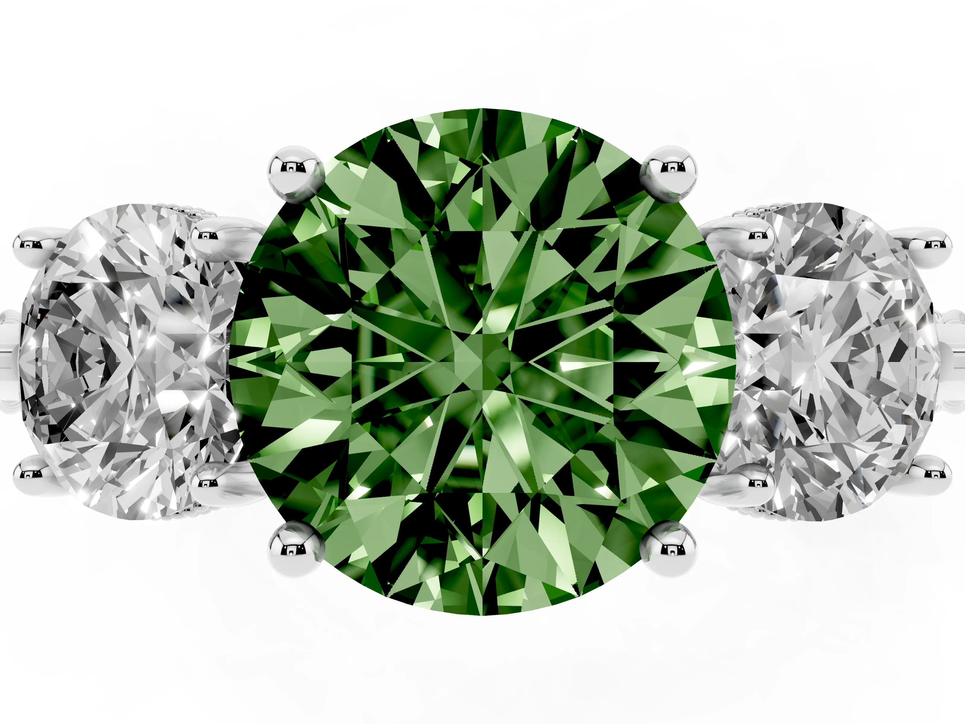 Fancy Green Round Cut Diamond Three-Stone Ring Set in Platinum with Milgrain Band