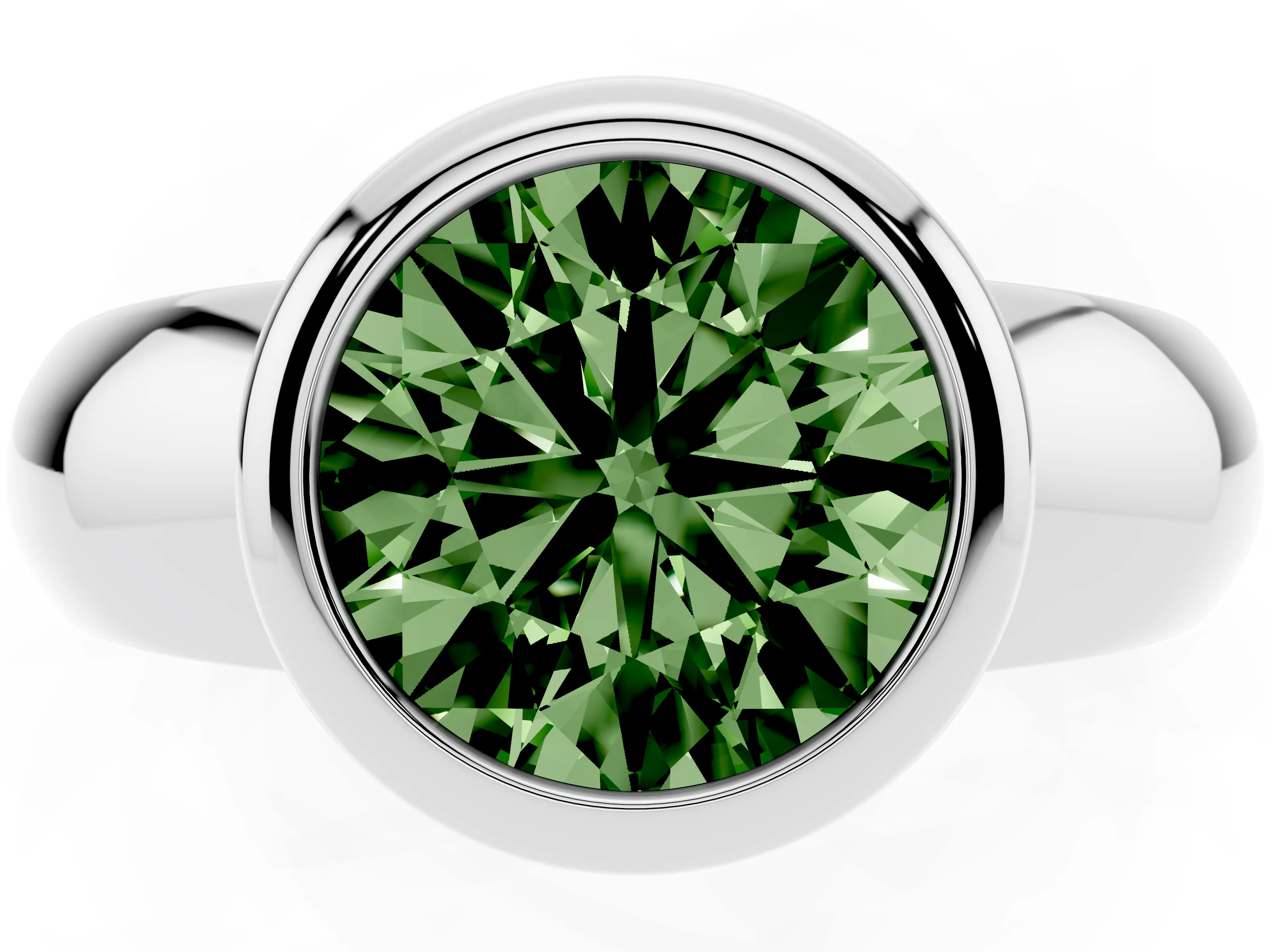 Fancy Green Bezel Set Round Cut Diamond Solitaire Ring Set in Silver with Wide Band