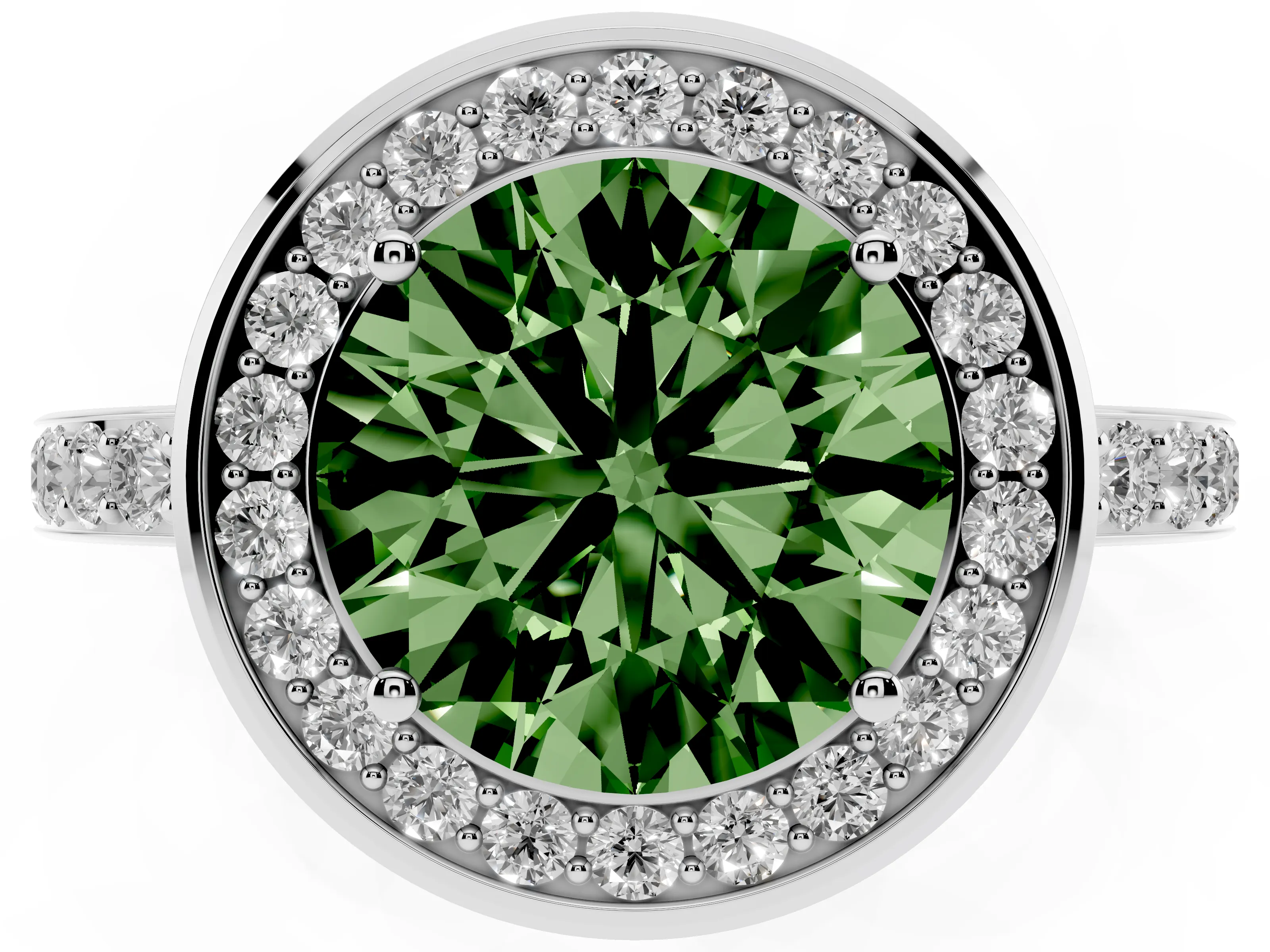 Fancy Green Round Cut Diamond Halo Ring Set in Silver with Bezel Frame and Pavé Band