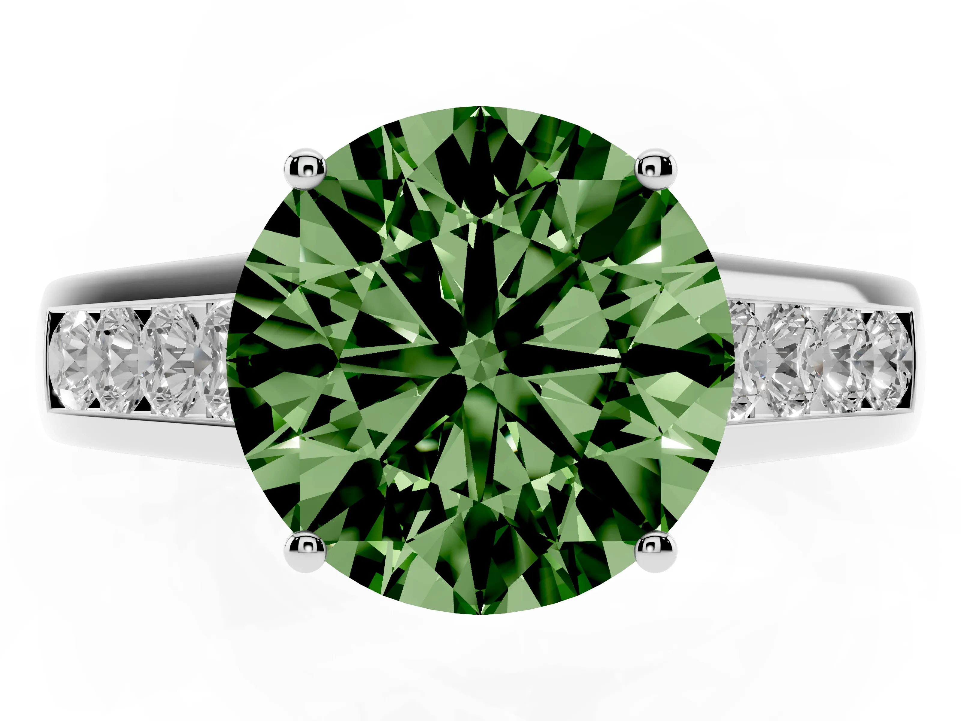 Fancy Green Round Cut Diamond Solitaire Channel-Set Engagement Ring Set in Silver with Prong Setting