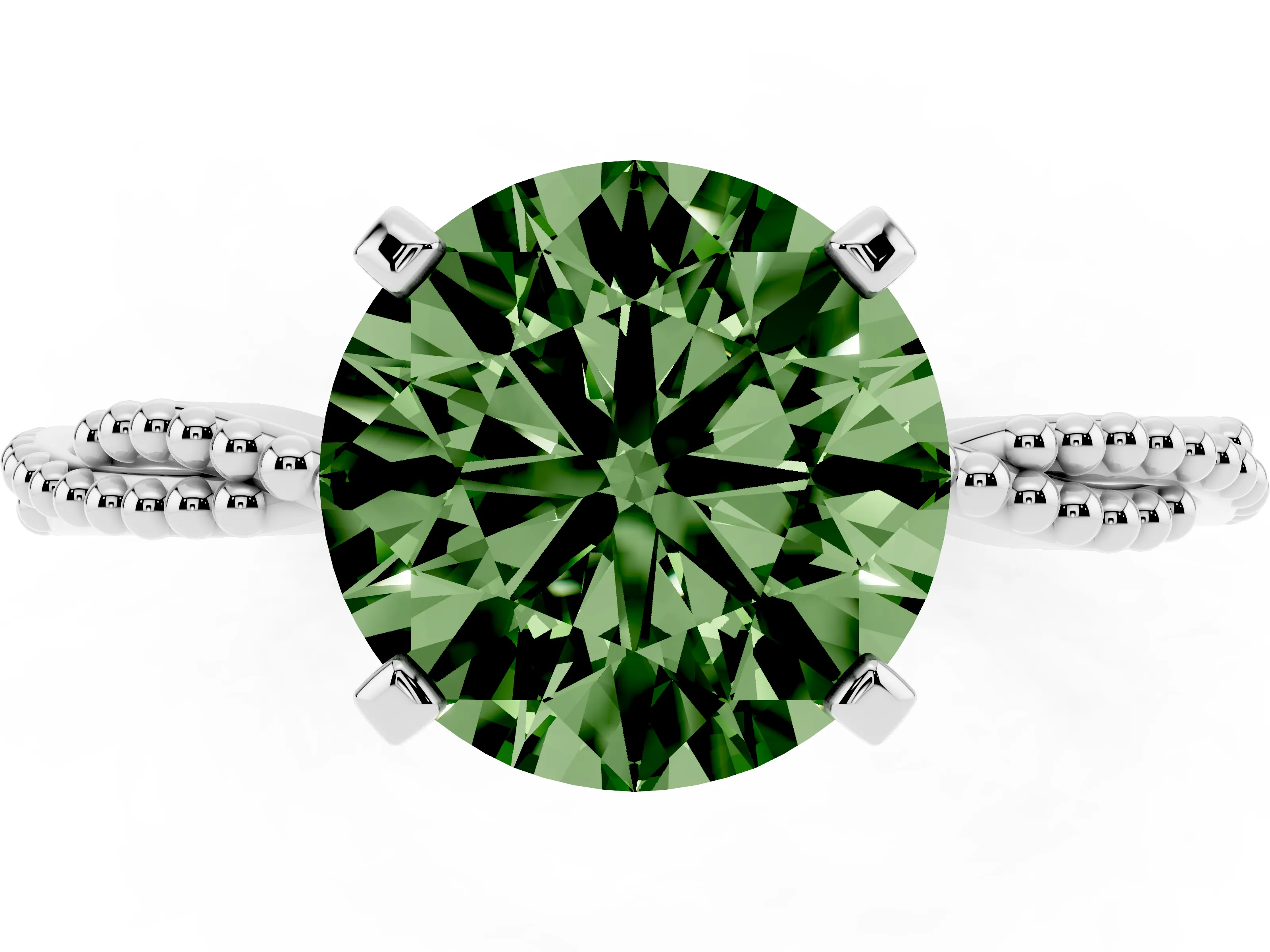 Fancy Green Round Cut Diamond Solitaire Ring Set in White gold with Twisted Band and Bead Prong Setting