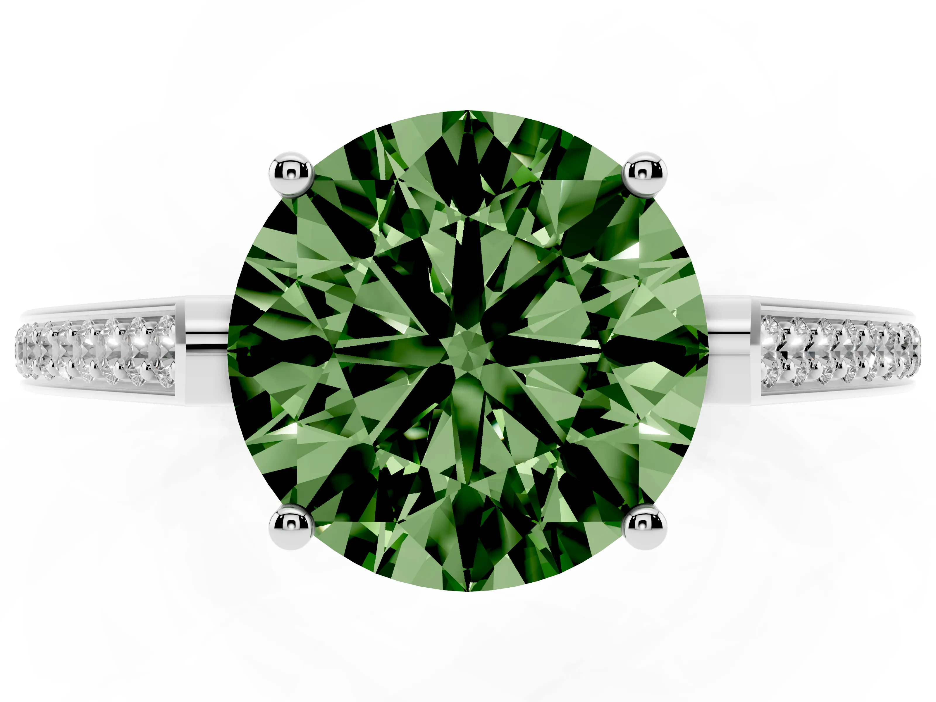 Fancy Green Round Cut Diamond Cathedral Pavé Engagement Ring Set in Silver with Prong Setting