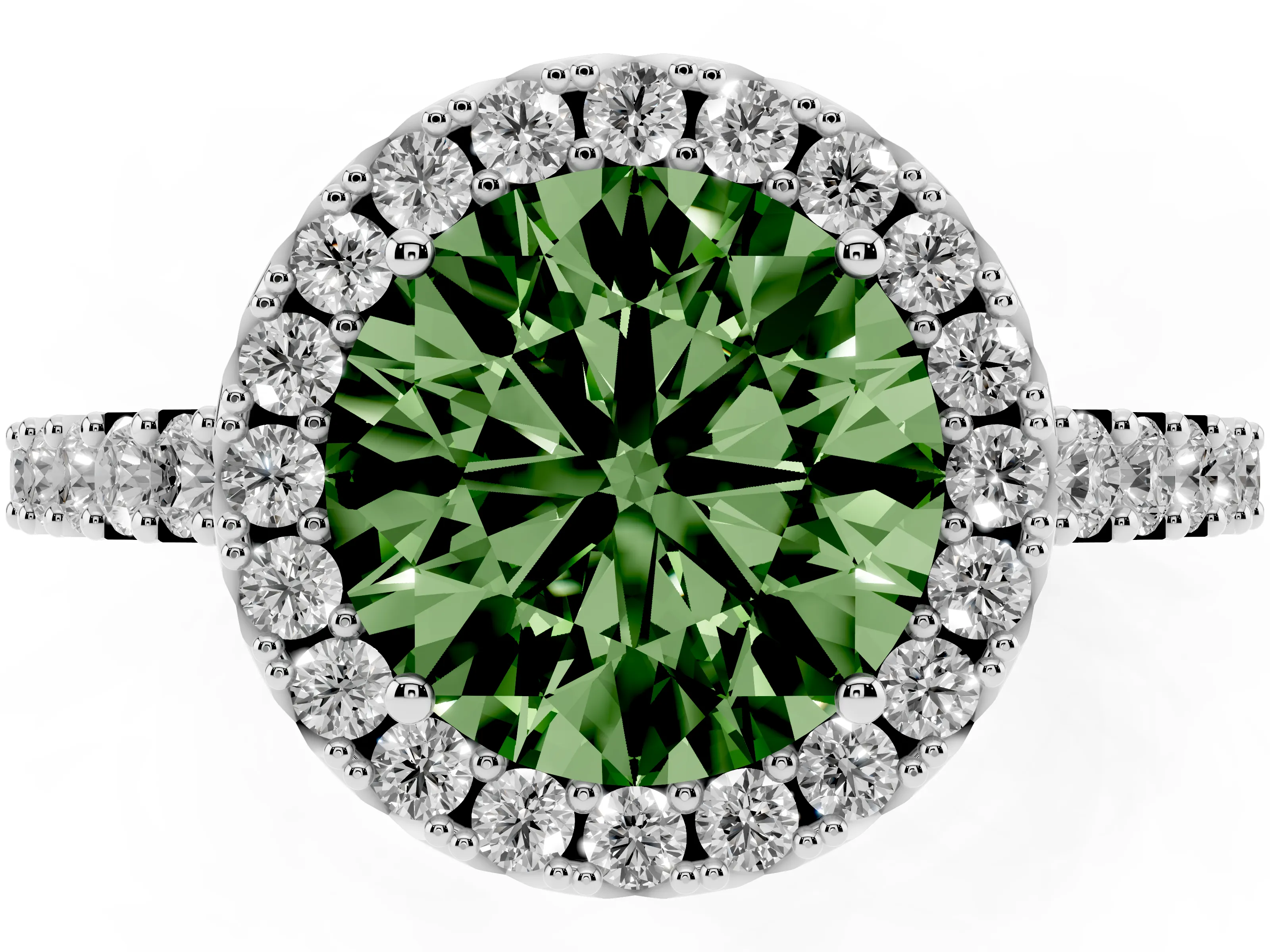 Fancy Green Round Cut Diamond Halo Pavé Solitaire Ring Set in Silver with Prong-Set Center Stone