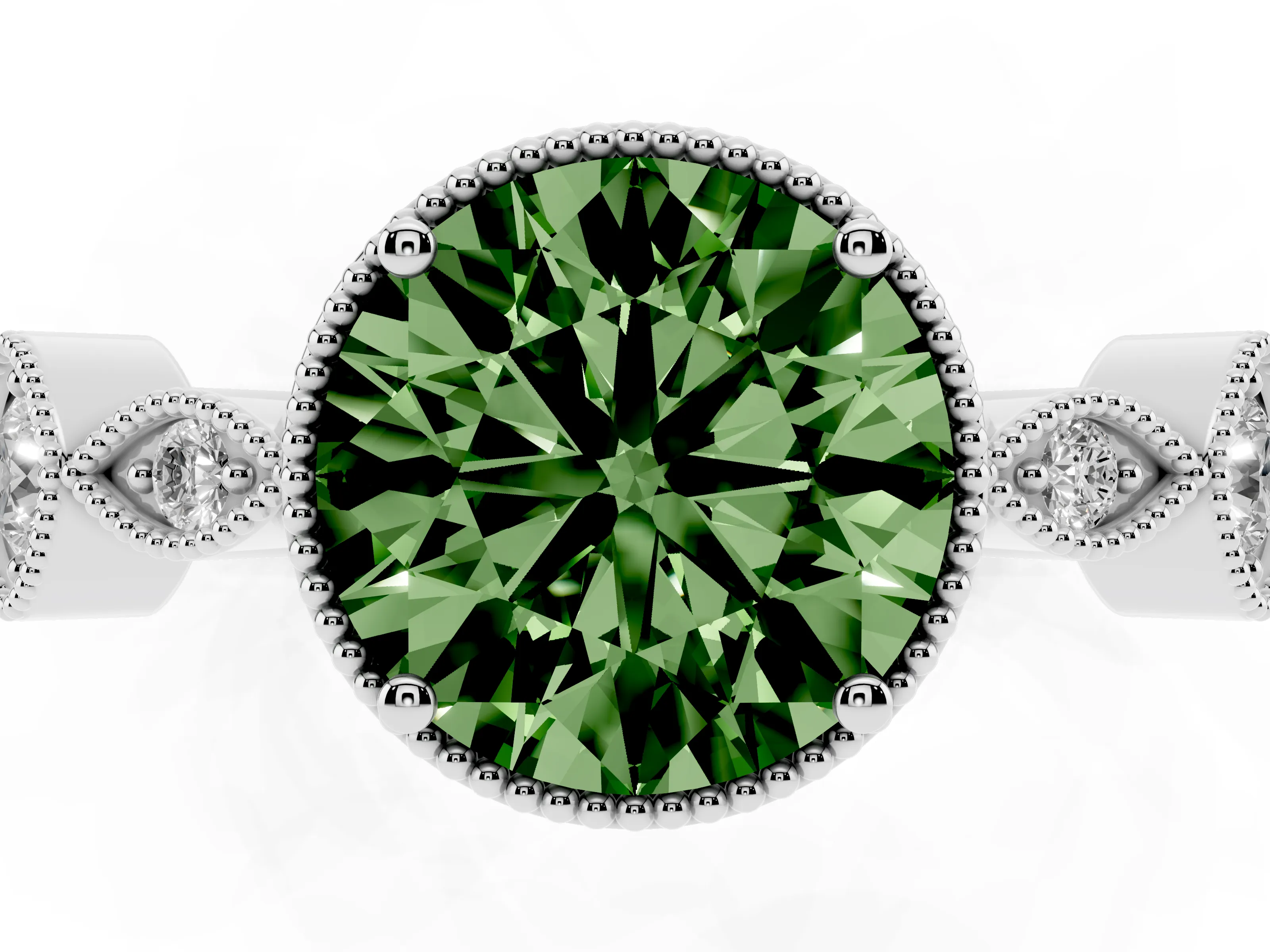 Fancy Green Round Cut Diamond Vintage-Inspired Milgrain Ring Set in Platinum with Marquise Stations of Round Accents
