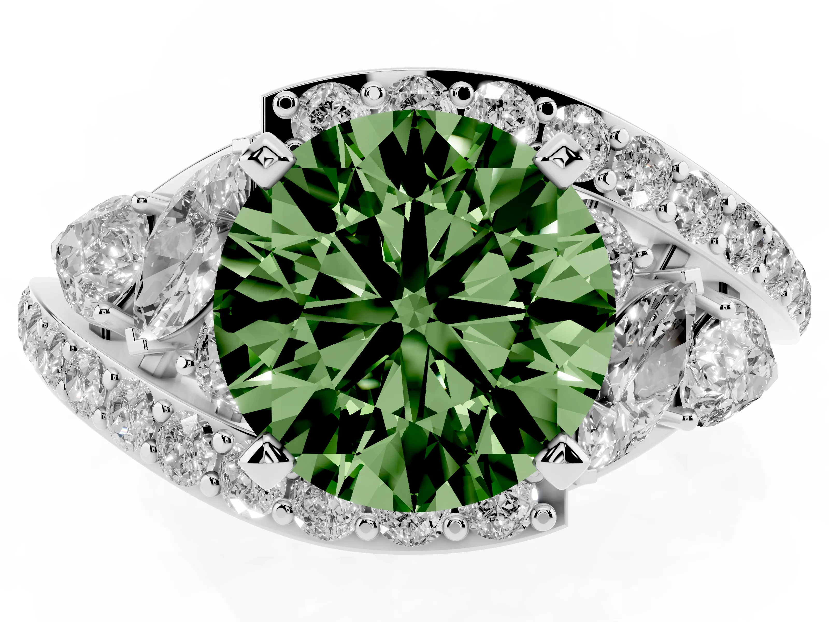 Fancy Green Round Cut Diamond Halo Ring Set in Platinum with Marquise and Pavé Band in Prong Setting