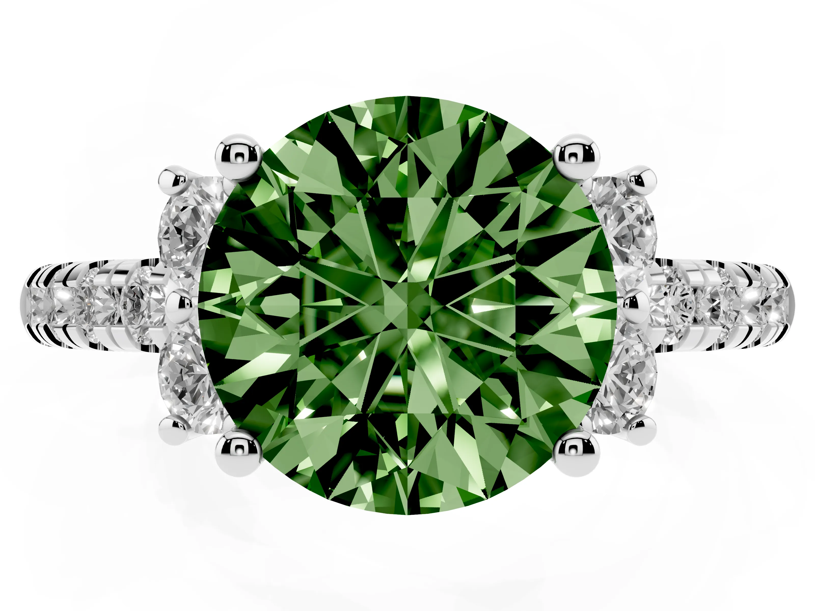 Fancy Green Round Cut Diamond Three-Stone Pavé Ring Set in White gold with Prong Setting