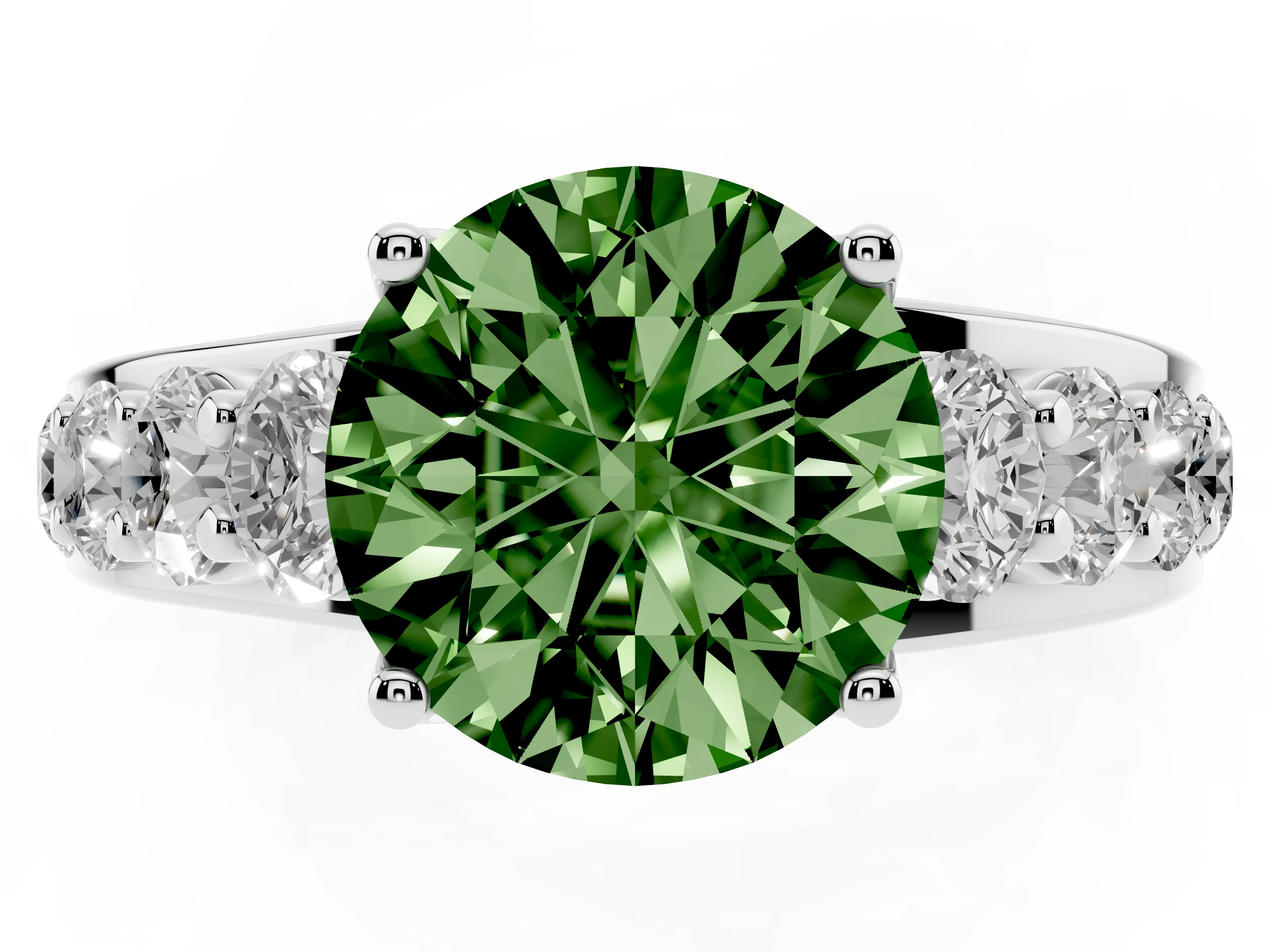 Fancy Green Round Cut Diamond Pavé Engagement Ring Set in Silver with Prong Setting