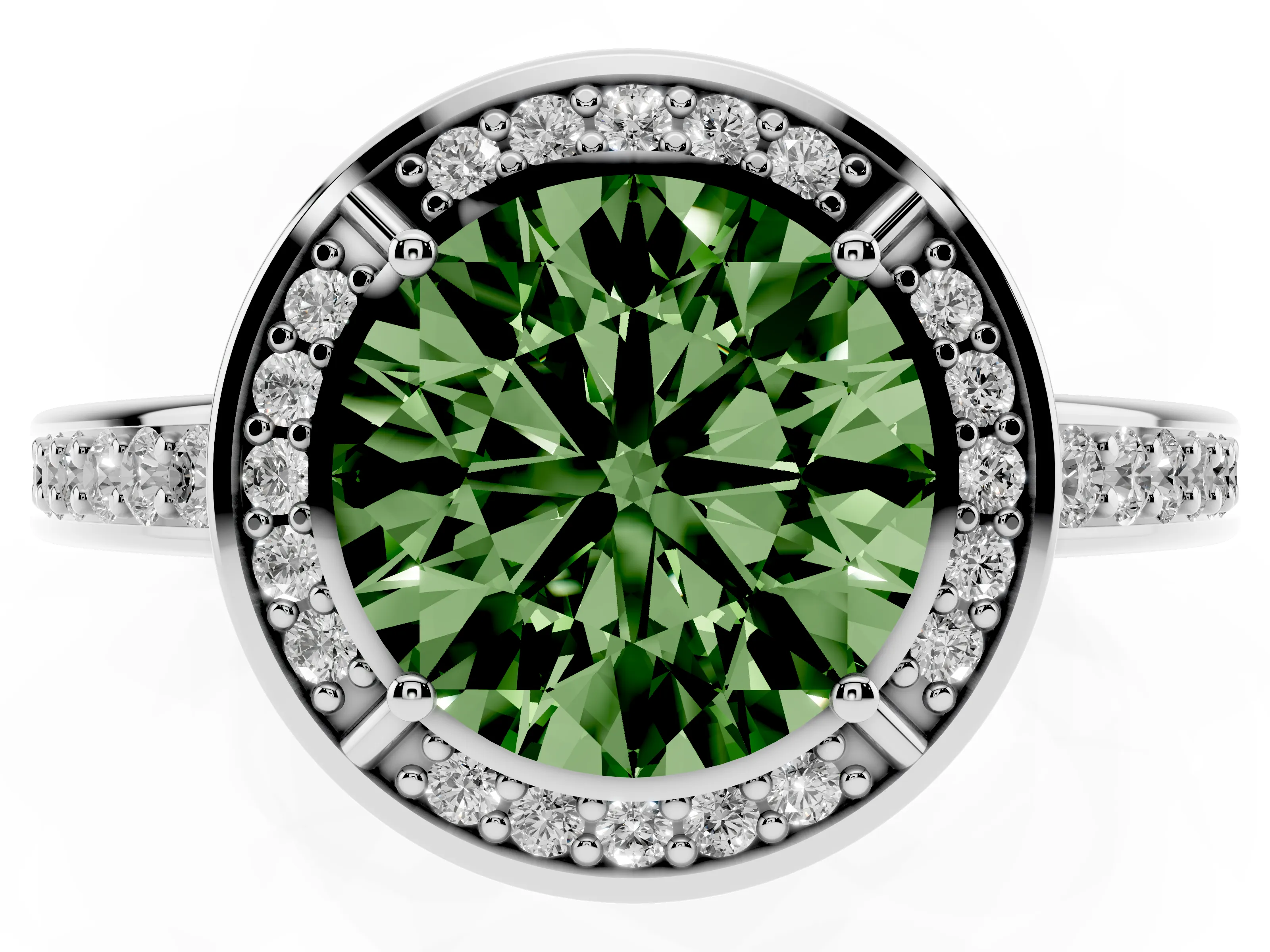 Fancy Green Round Cut Diamond Halo Pavé Split Shank Ring Set in White gold with Prong Setting