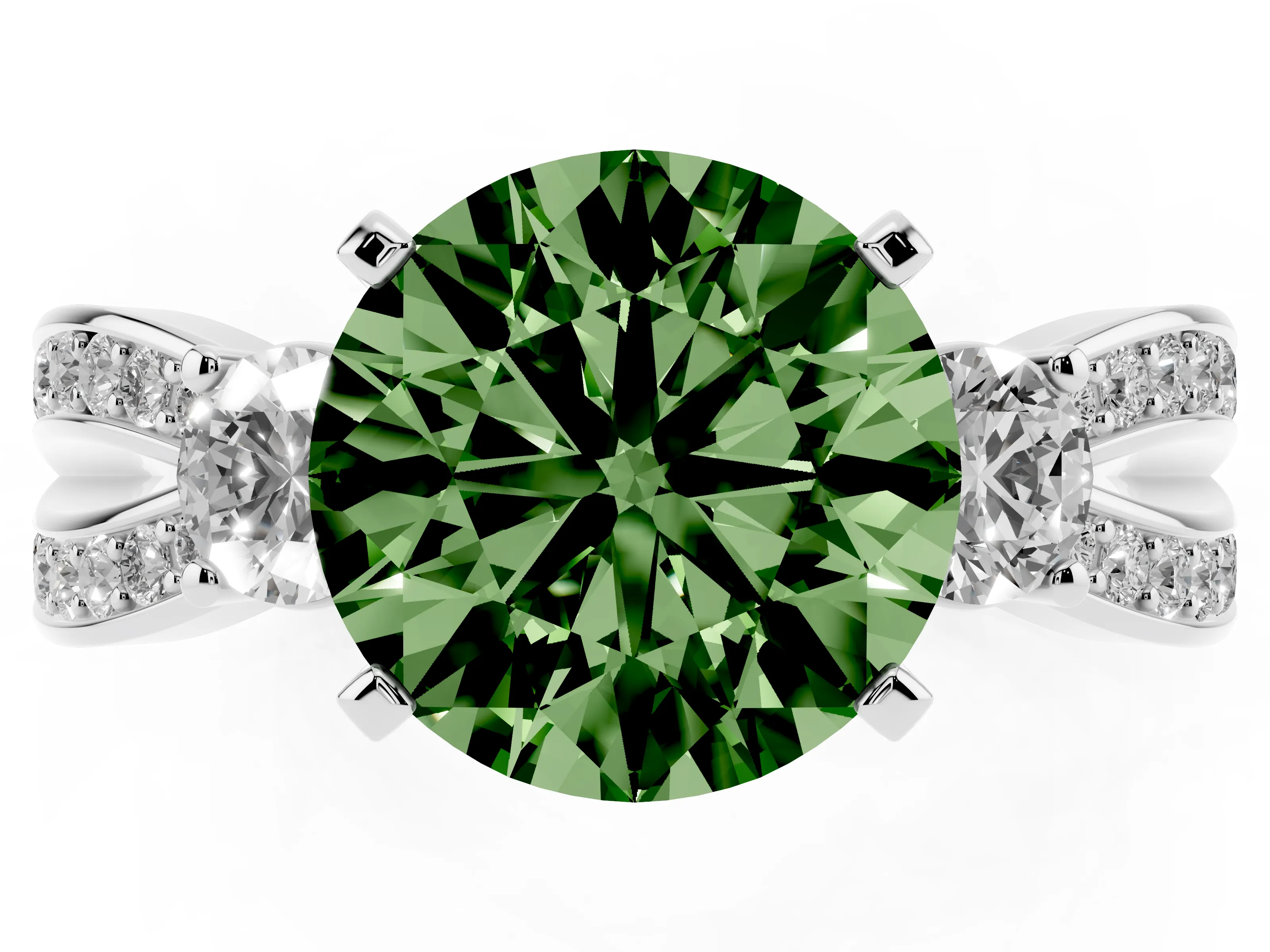 Fancy Green Three-Stone Round Cut Diamond Twist Band Ring Set in Silver with Pavé Accents and Prong Setting