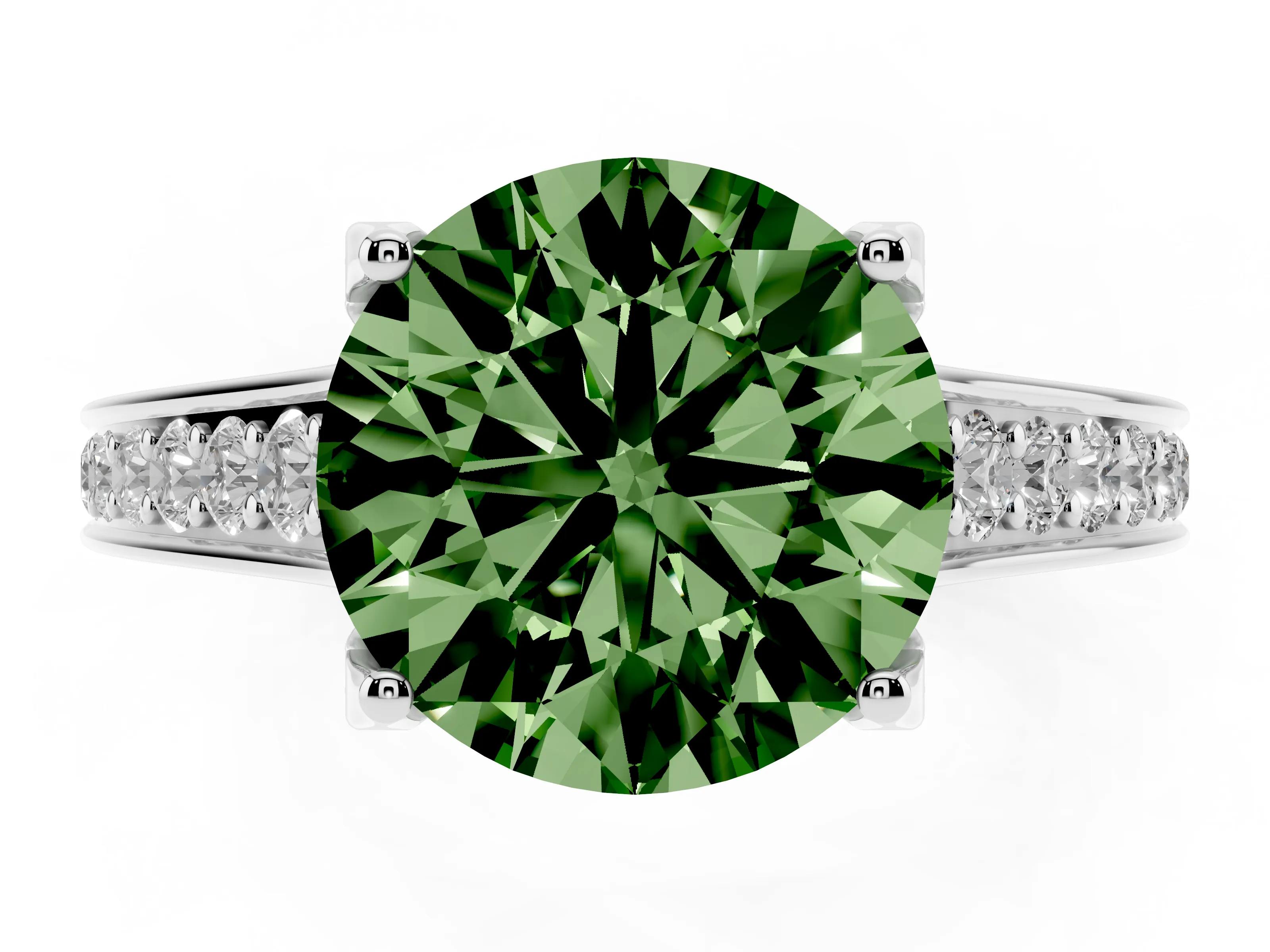 Fancy Green Round Cut Diamond Solitaire Pavé Engagement Ring Set in White gold with Prong Setting