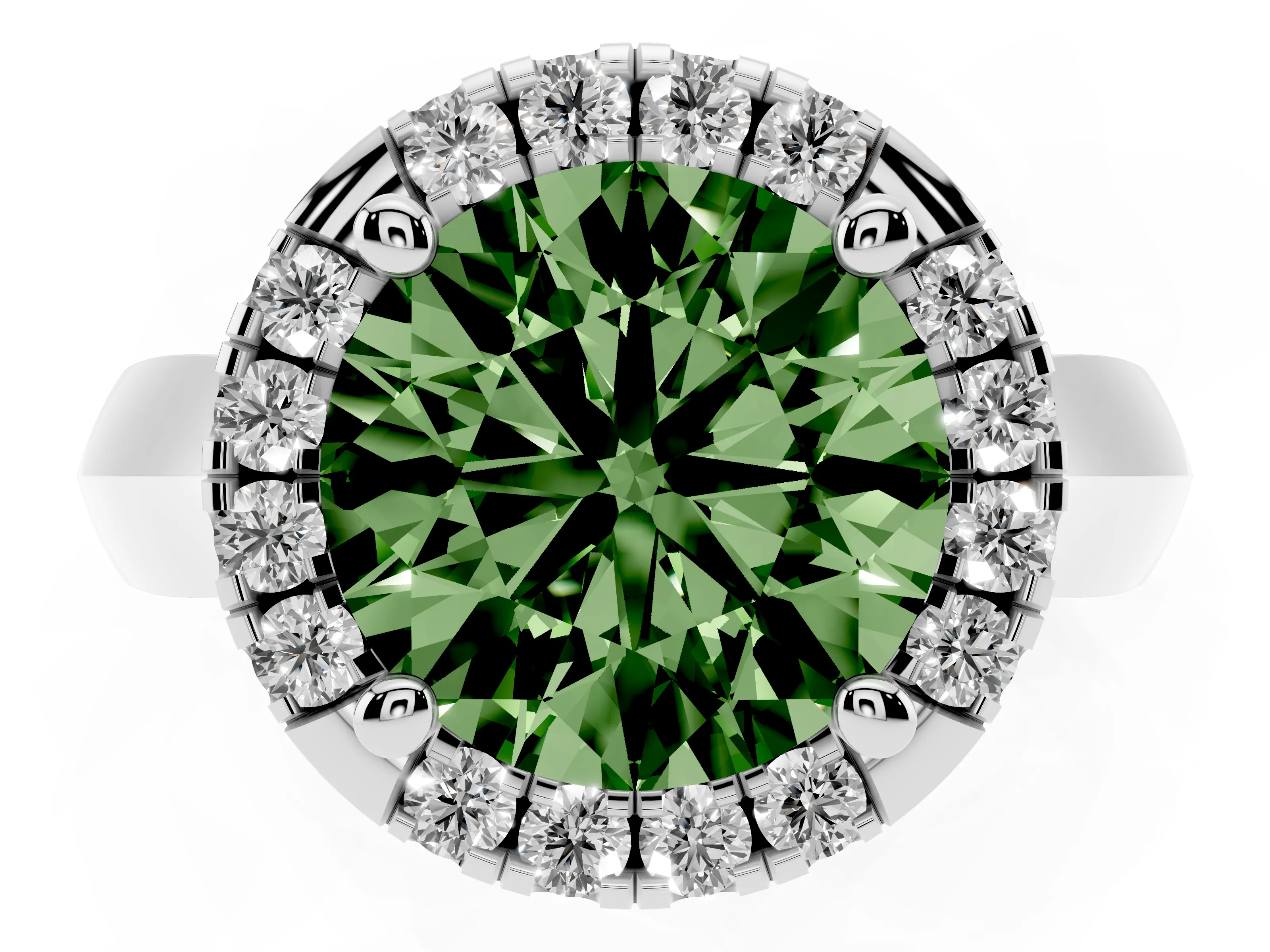 Fancy Green Round Cut Diamond Halo Solitaire Engagement Ring Set in Silver with Square Band and Prong Setting