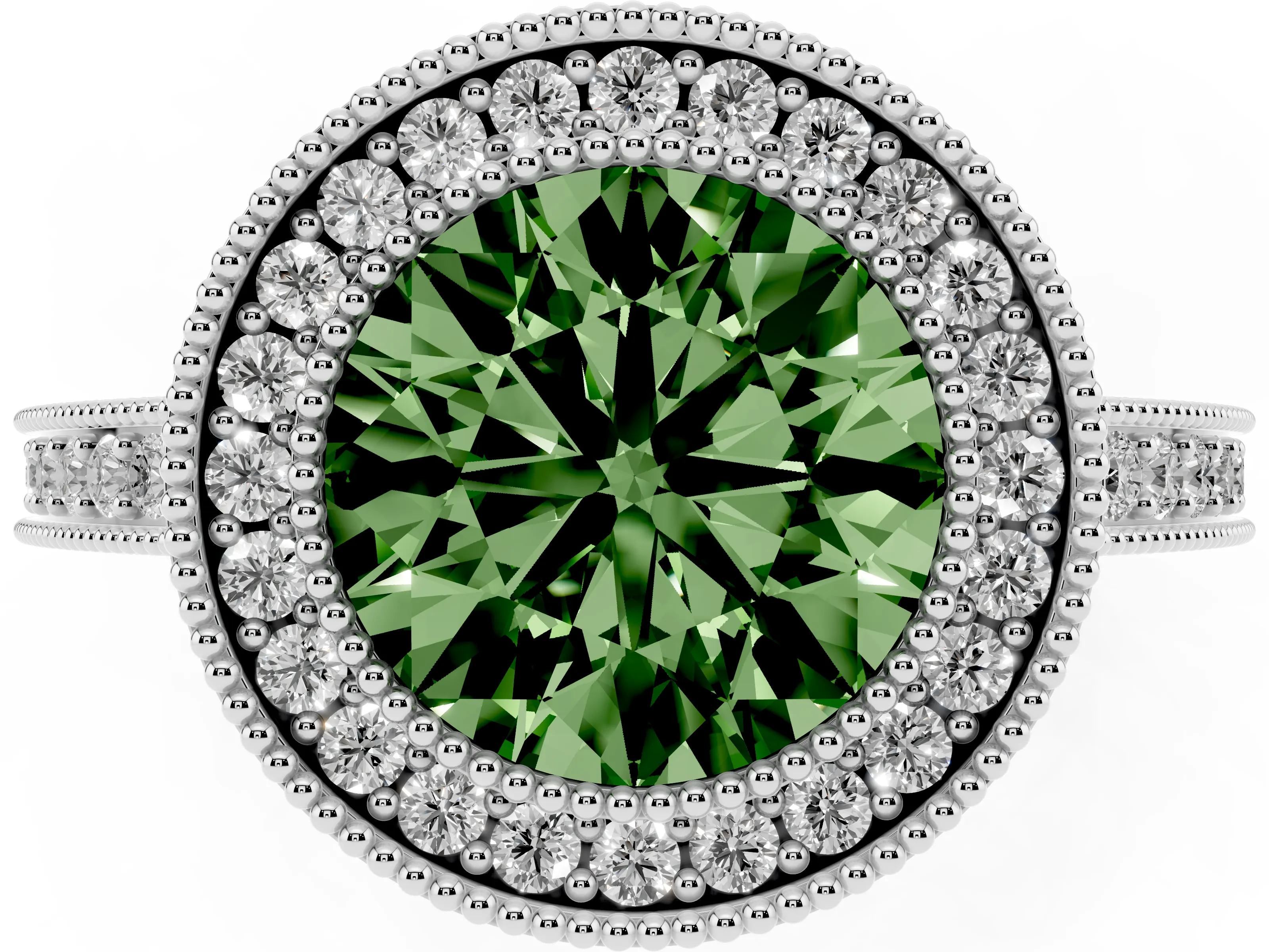 Fancy Green Round Cut Diamond Round Halo Ring Set in White gold with Pavé Band