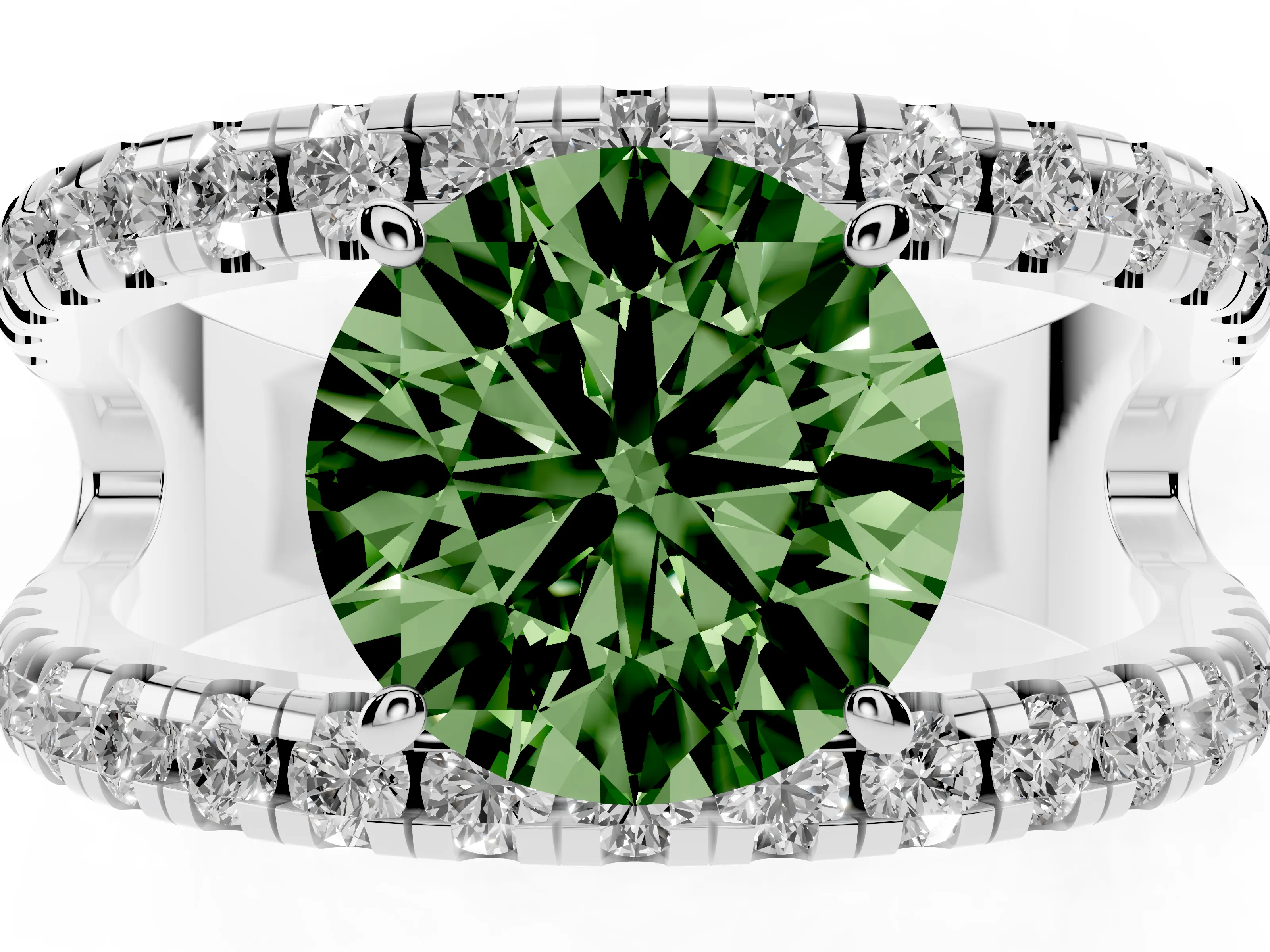 Fancy Green Round Cut Diamond Split Shank Pavé Solitaire Ring Set in Platinum with Open Shank Design