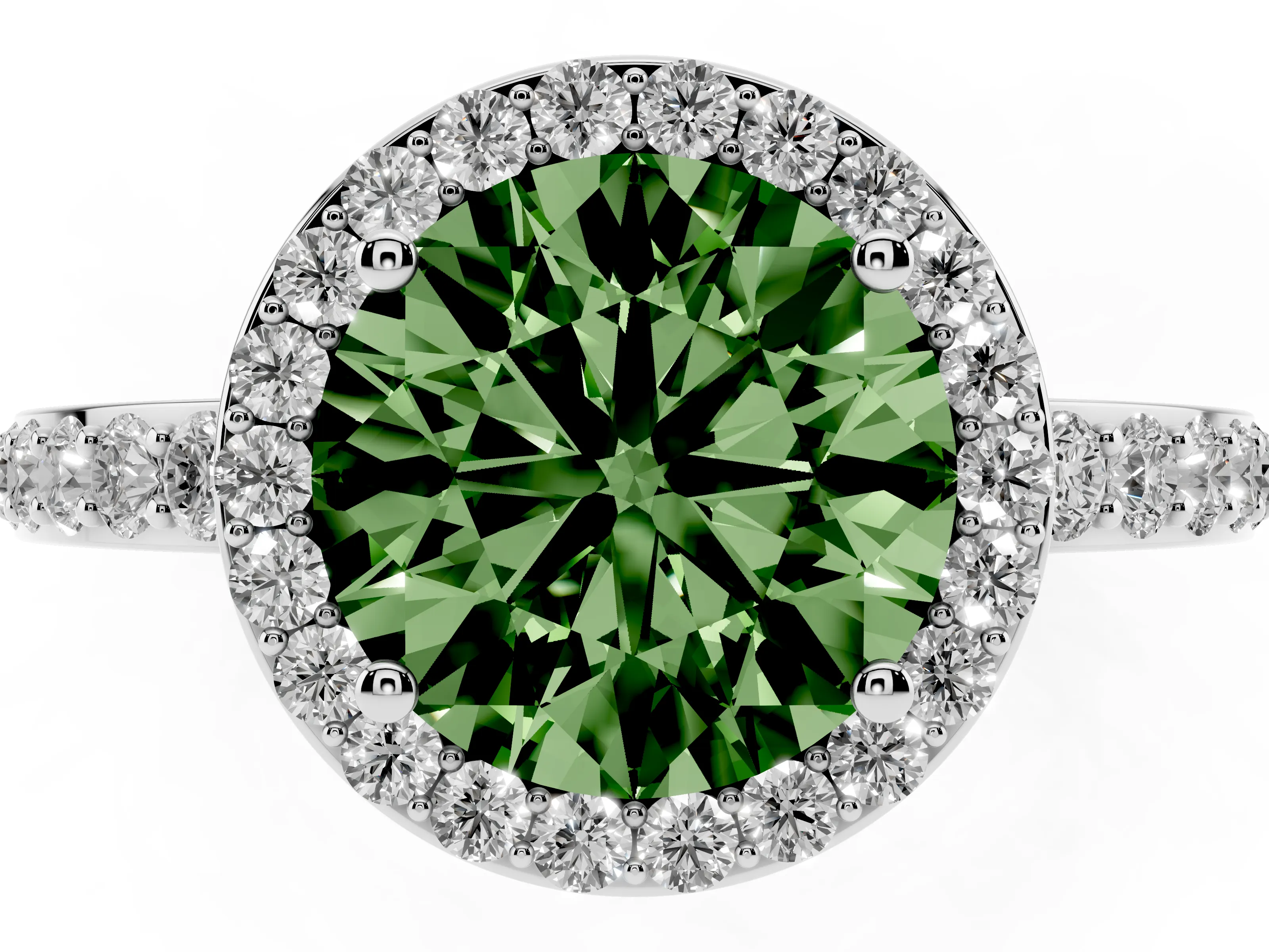 Fancy Green Round Cut Diamond Halo Ring Set in White gold with Pavé-Setting Band and Open Prong Center