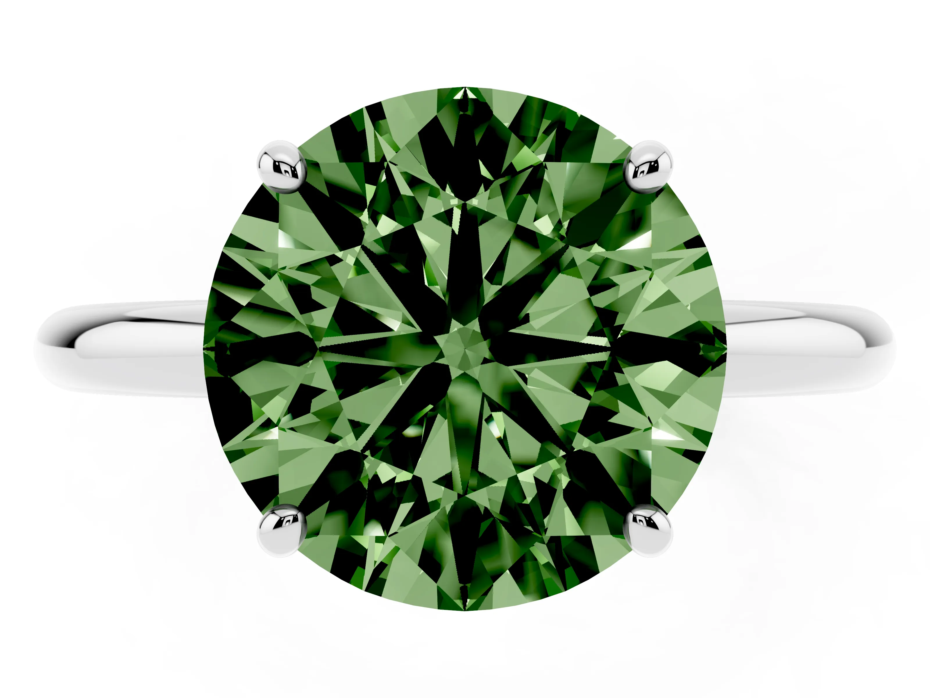Fancy Green Round Cut Diamond Solitaire Ring Set in Platinum with Prong Setting on a Polished Plain Band