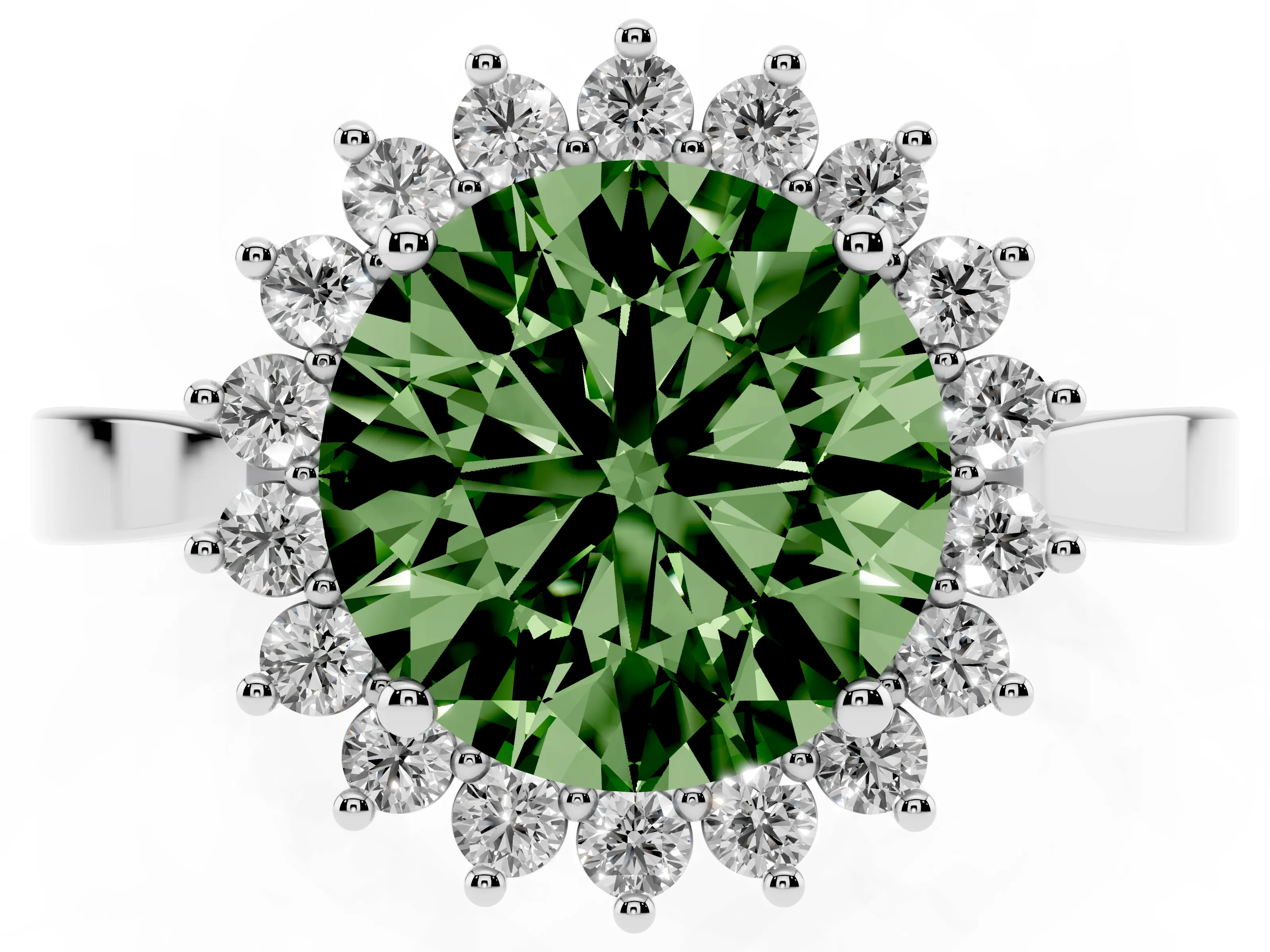 Fancy Green Round Cut Diamond Halo Ring Set in White gold with Round Halo and Smooth Solitaire Band
