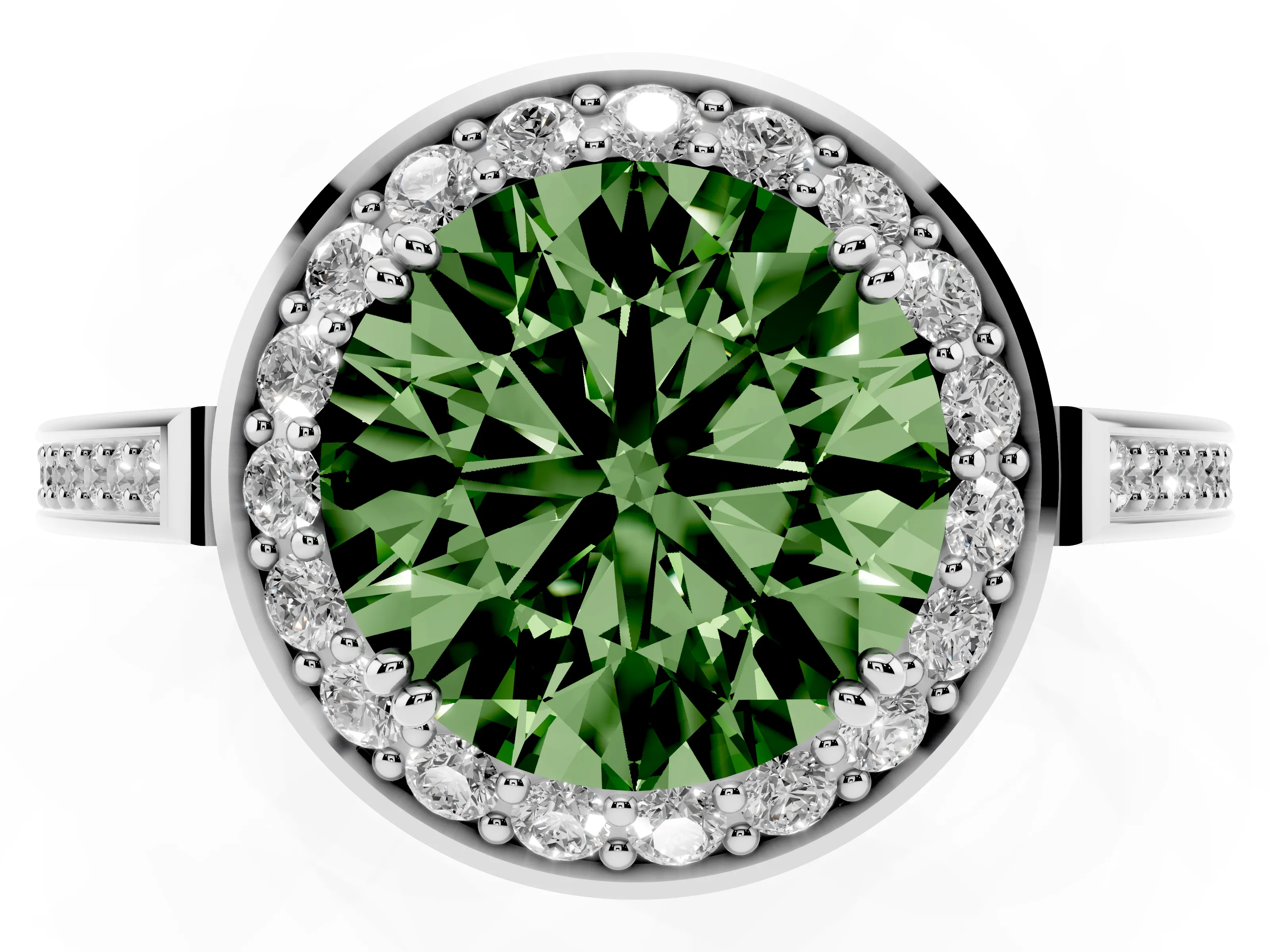 Fancy Green Round Cut Diamond Halo Ring Set in Silver with Accent-Lined Split Shank and Prong Setting