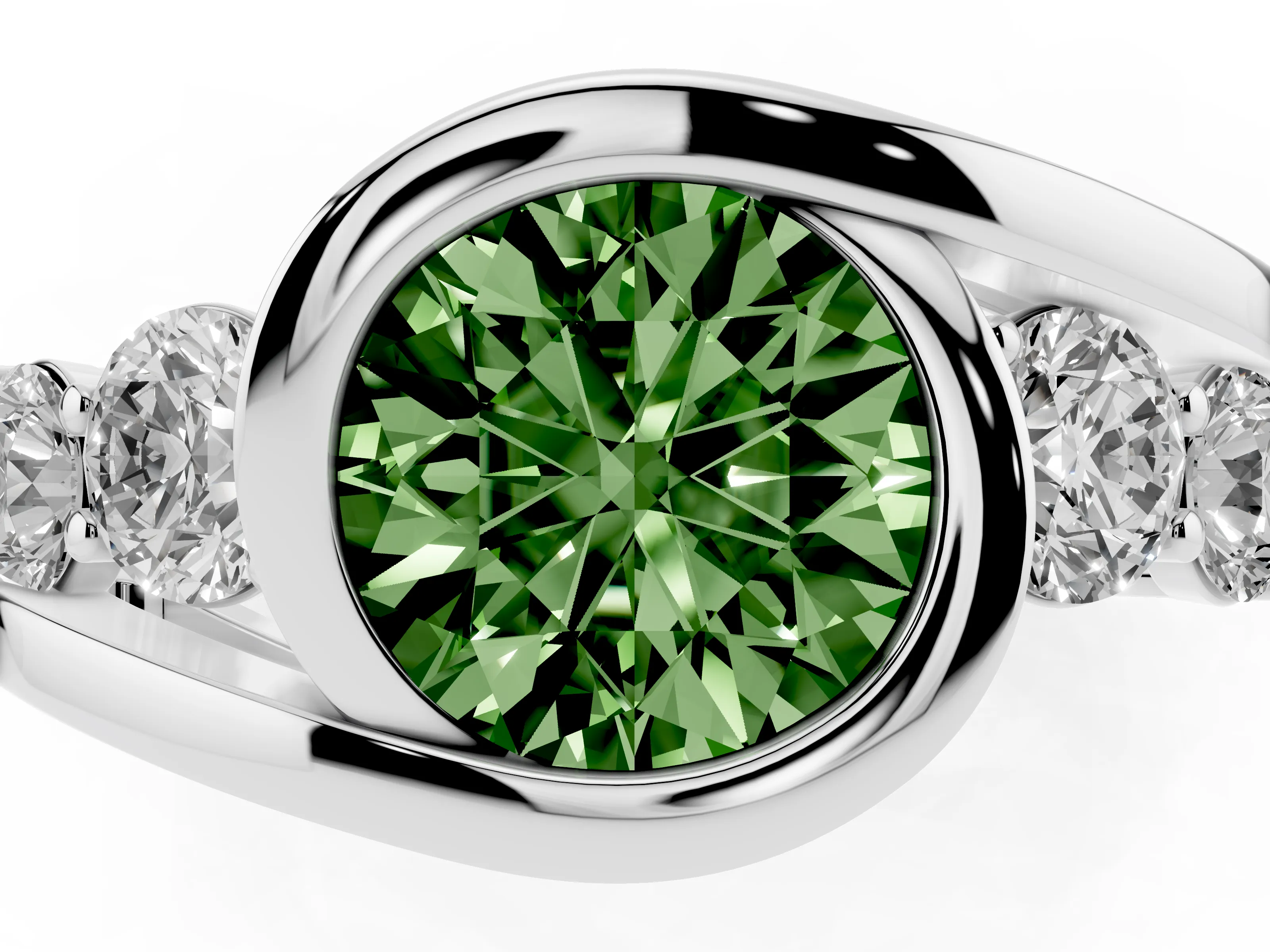 Fancy Green Round Cut Diamond Bezel Bypass Ring Set in Silver with Round Accents