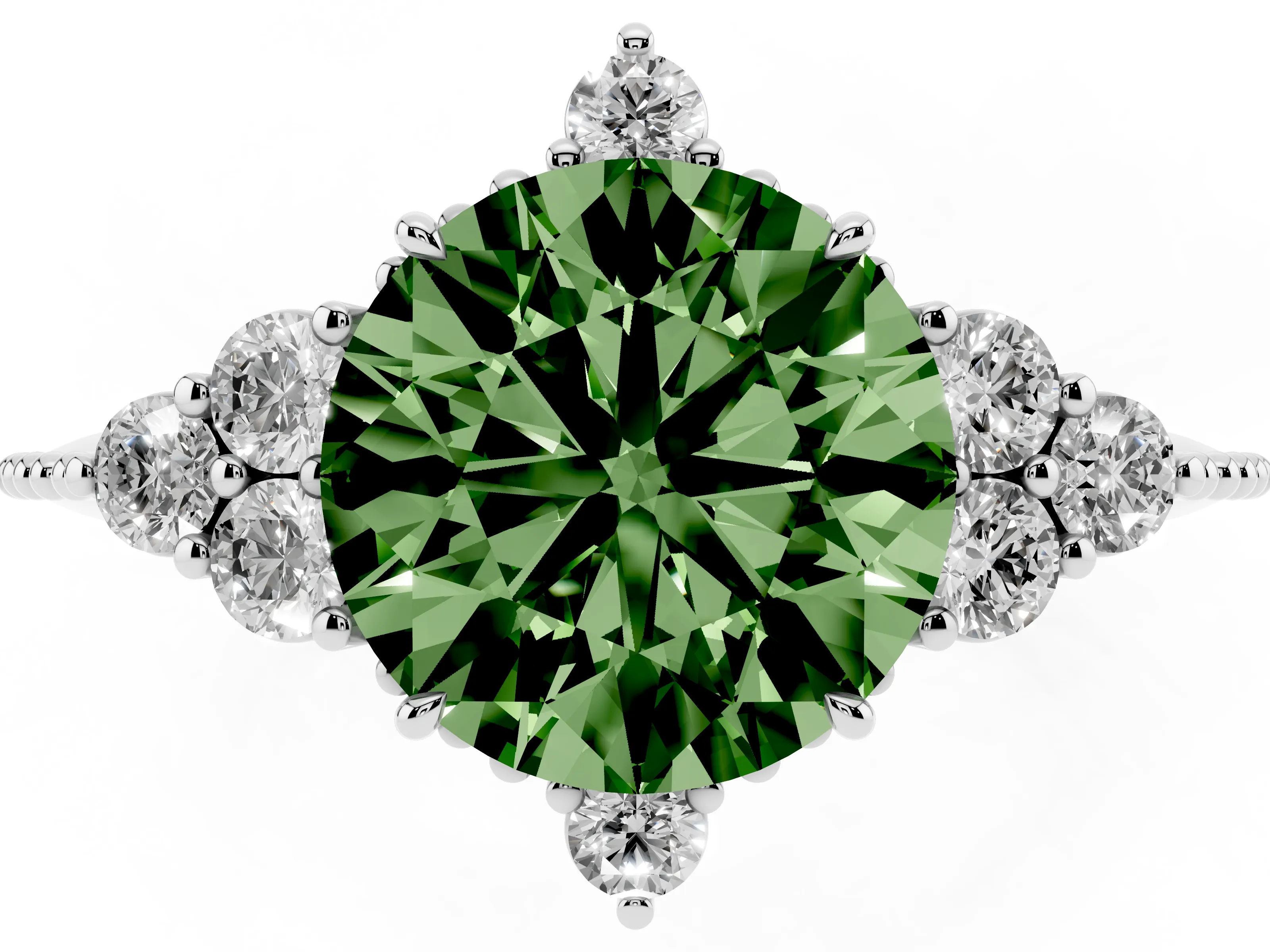 Fancy Green Round Cut Diamond Cluster Ring Set in Silver with Beaded Band