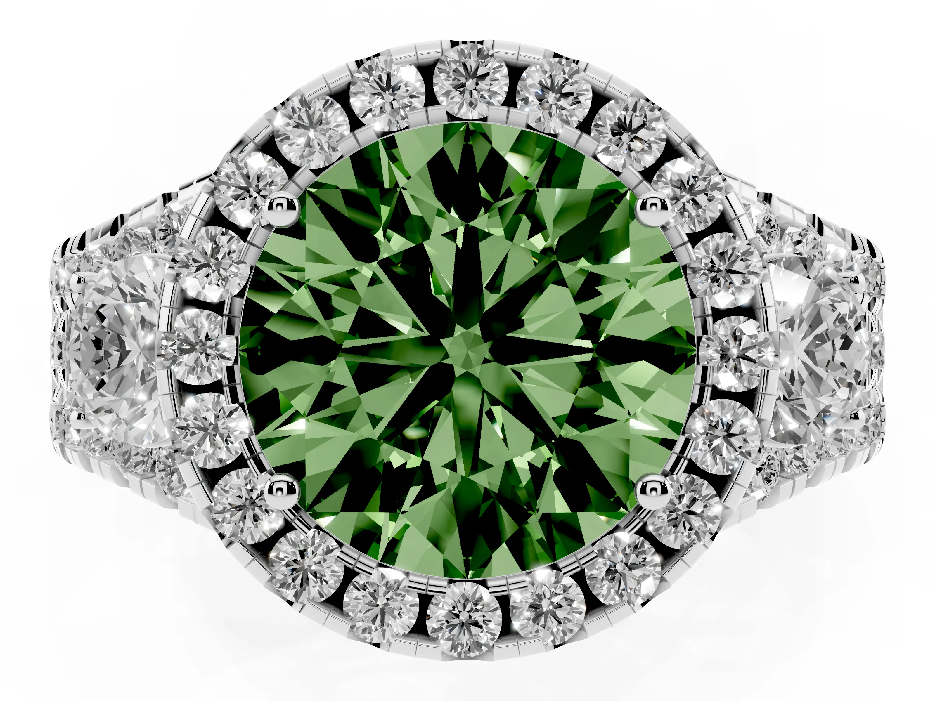 Fancy Green Round Cut Diamond Halo Split Shank Ring Set in Silver with Round Accent Stones and Prong Setting