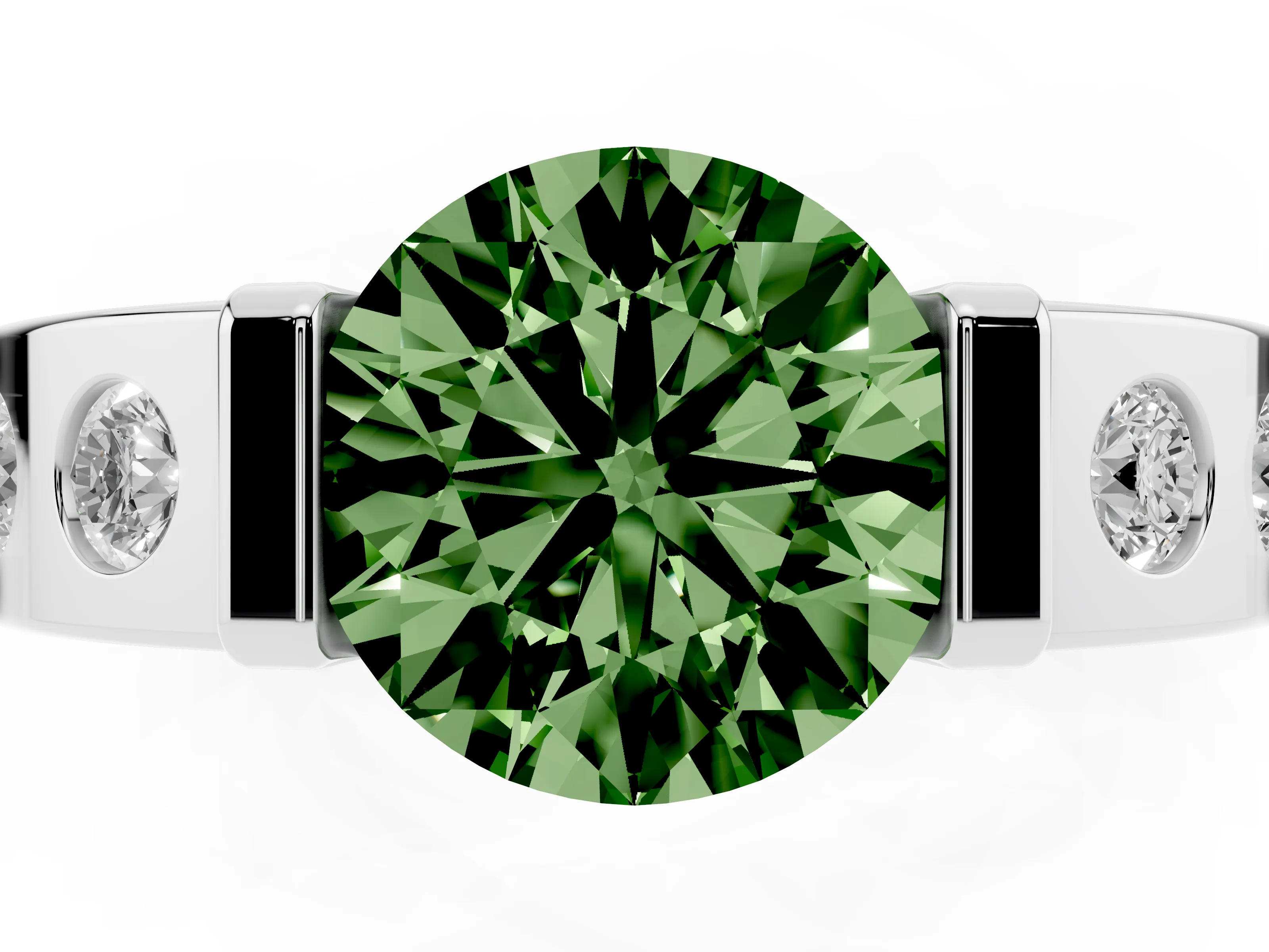 Fancy Green Round Cut Diamond Channel-Set Band Ring Set in Silver with Bezel Prong Setting