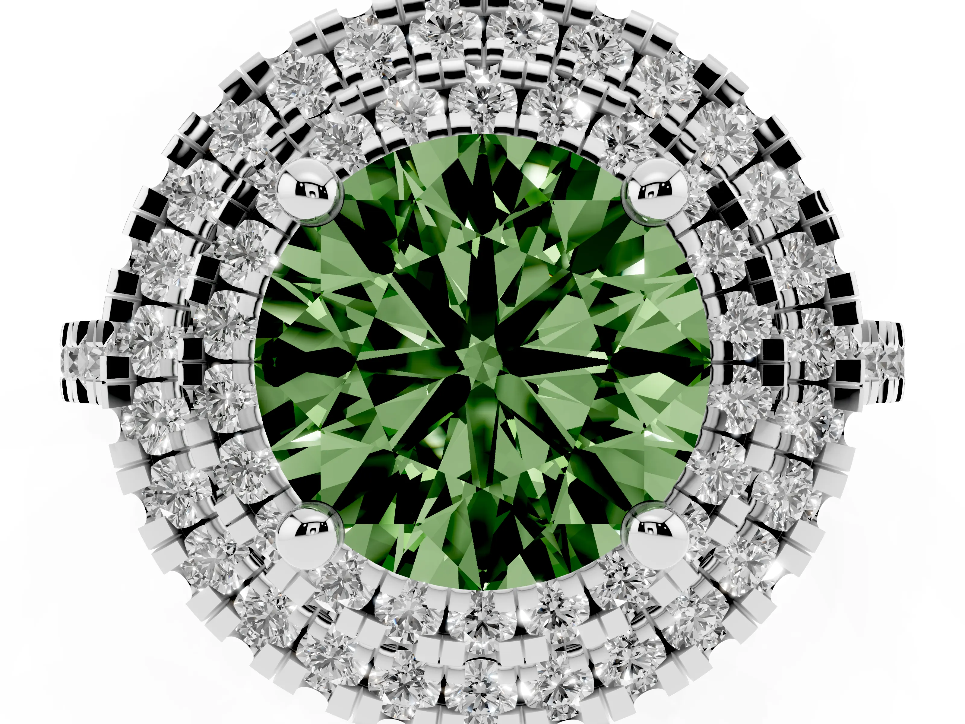 Fancy Green Round Cut Diamond Double Halo Statement Ring Set in Silver with Pavé Band