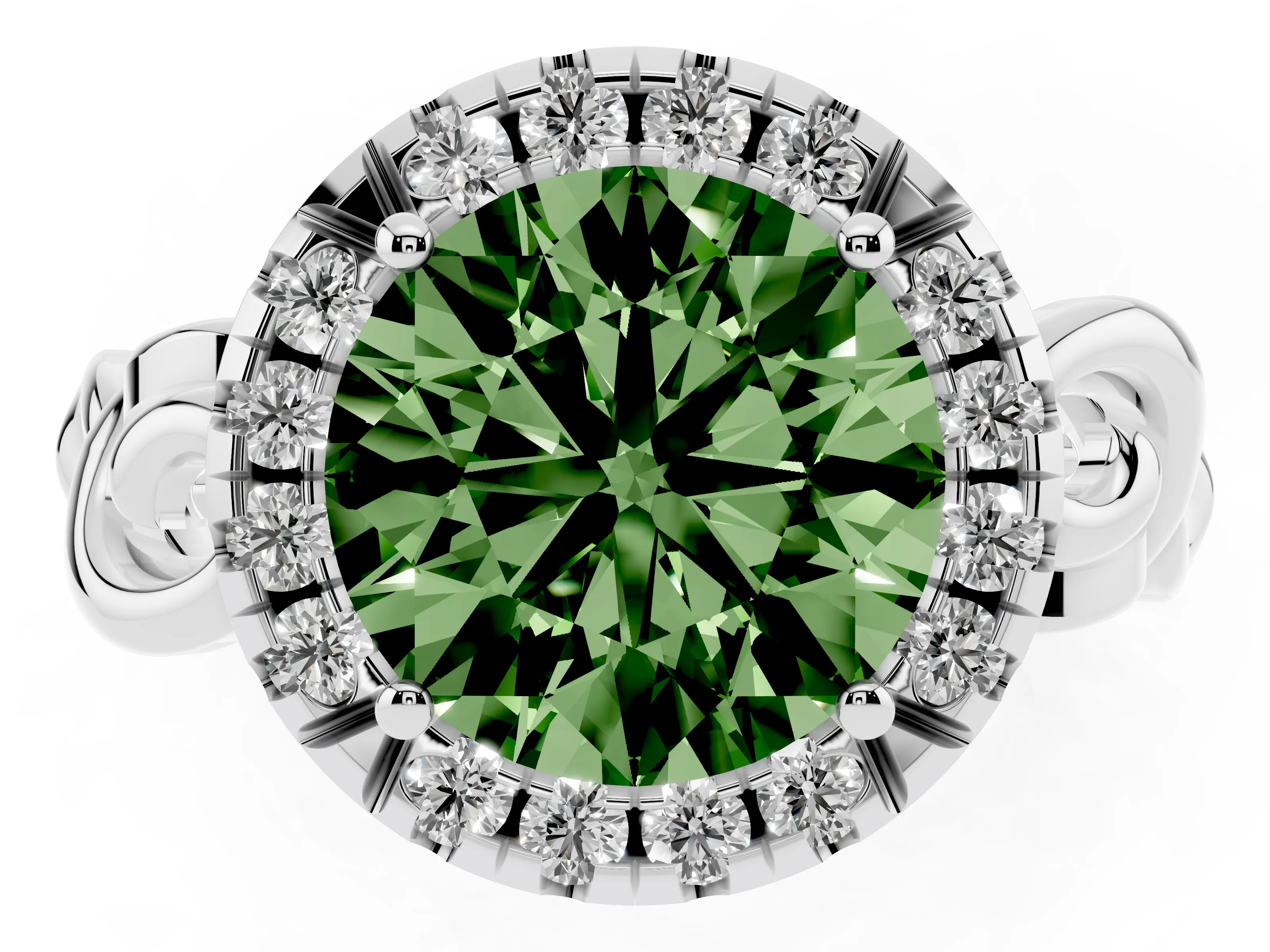 Fancy Green Round Cut Diamond Halo Ring Set in Platinum with Scrollwork Band and Prong Setting