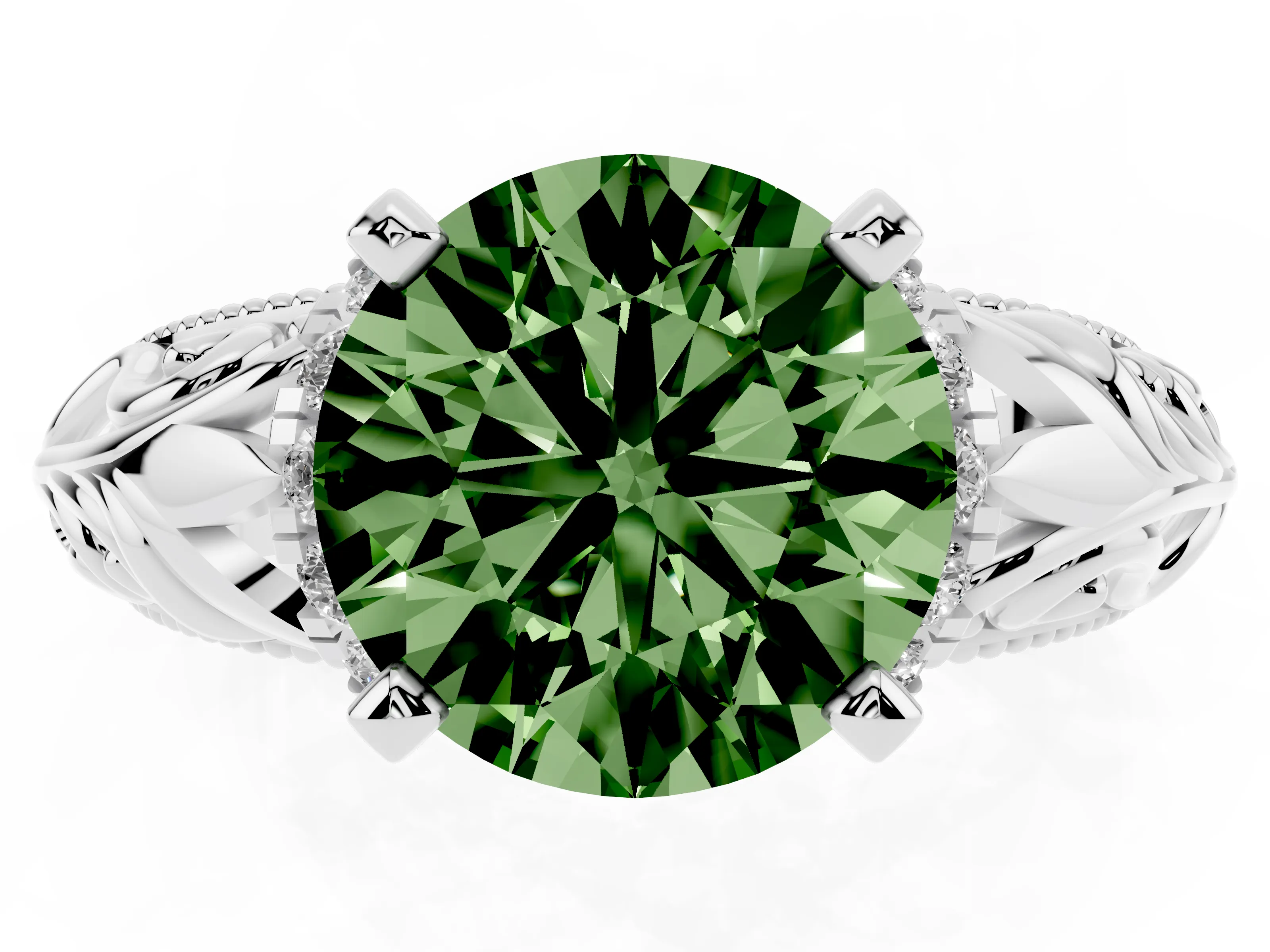 Fancy Green Round Cut Diamond Filigree Halo Engagement Ring Set in Silver with Prong Setting