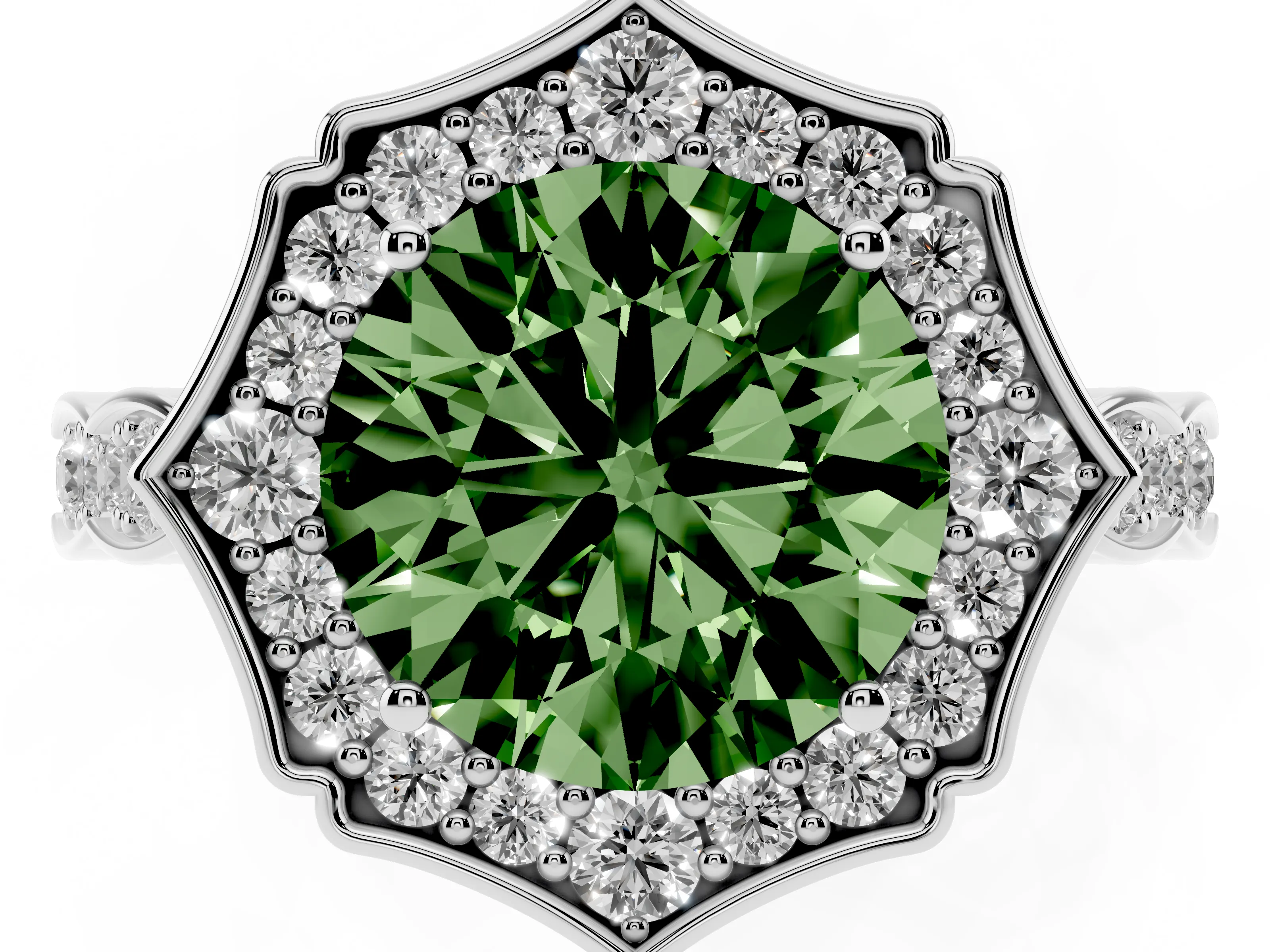 Fancy Green Round Cut Diamond Halo Engagement Ring Set in Silver with Milgrain Band and Prong Setting