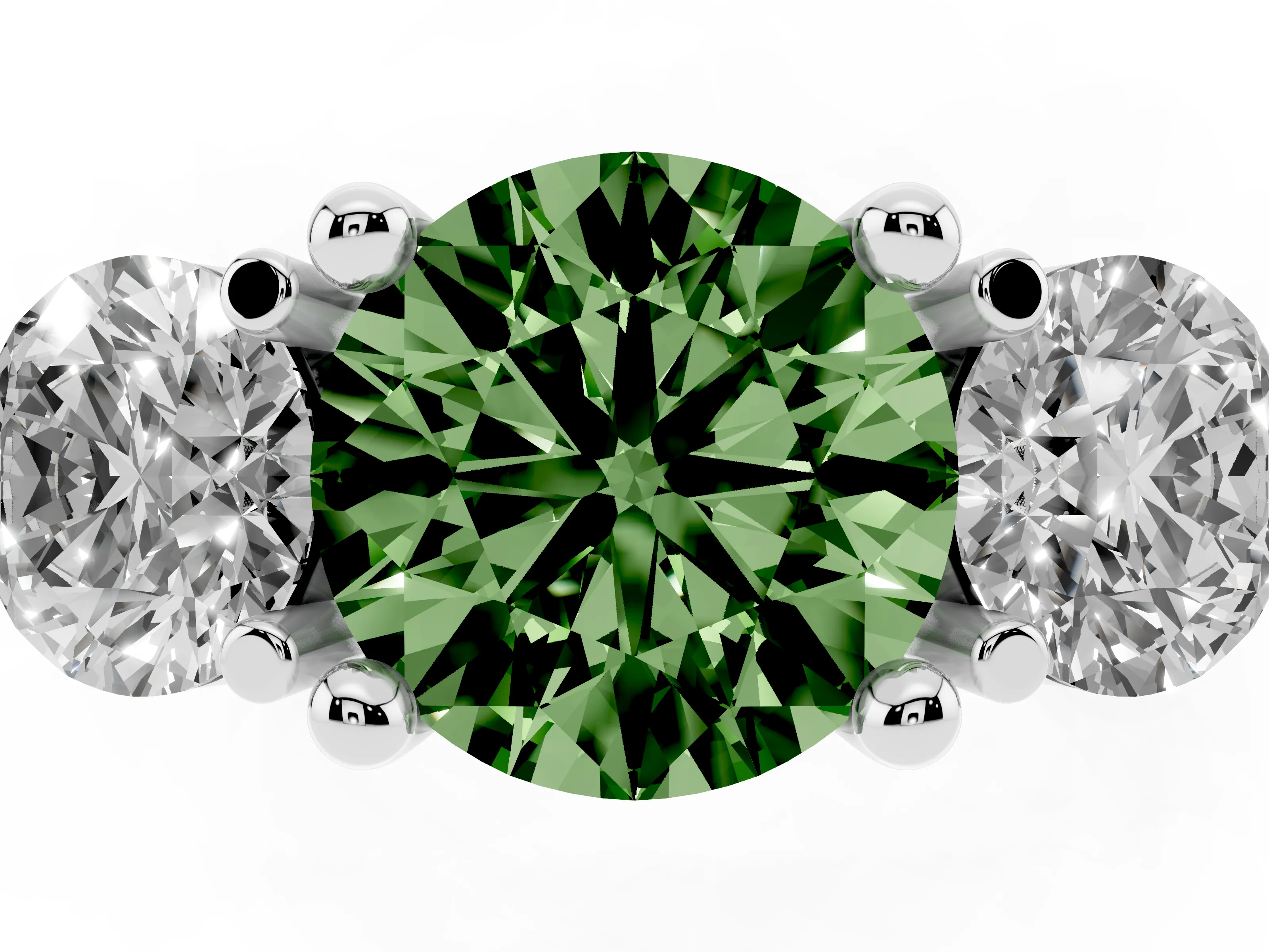Fancy Green Round Cut Diamond Three-Stone Ring Set in Silver with Prong Setting and Classic Band