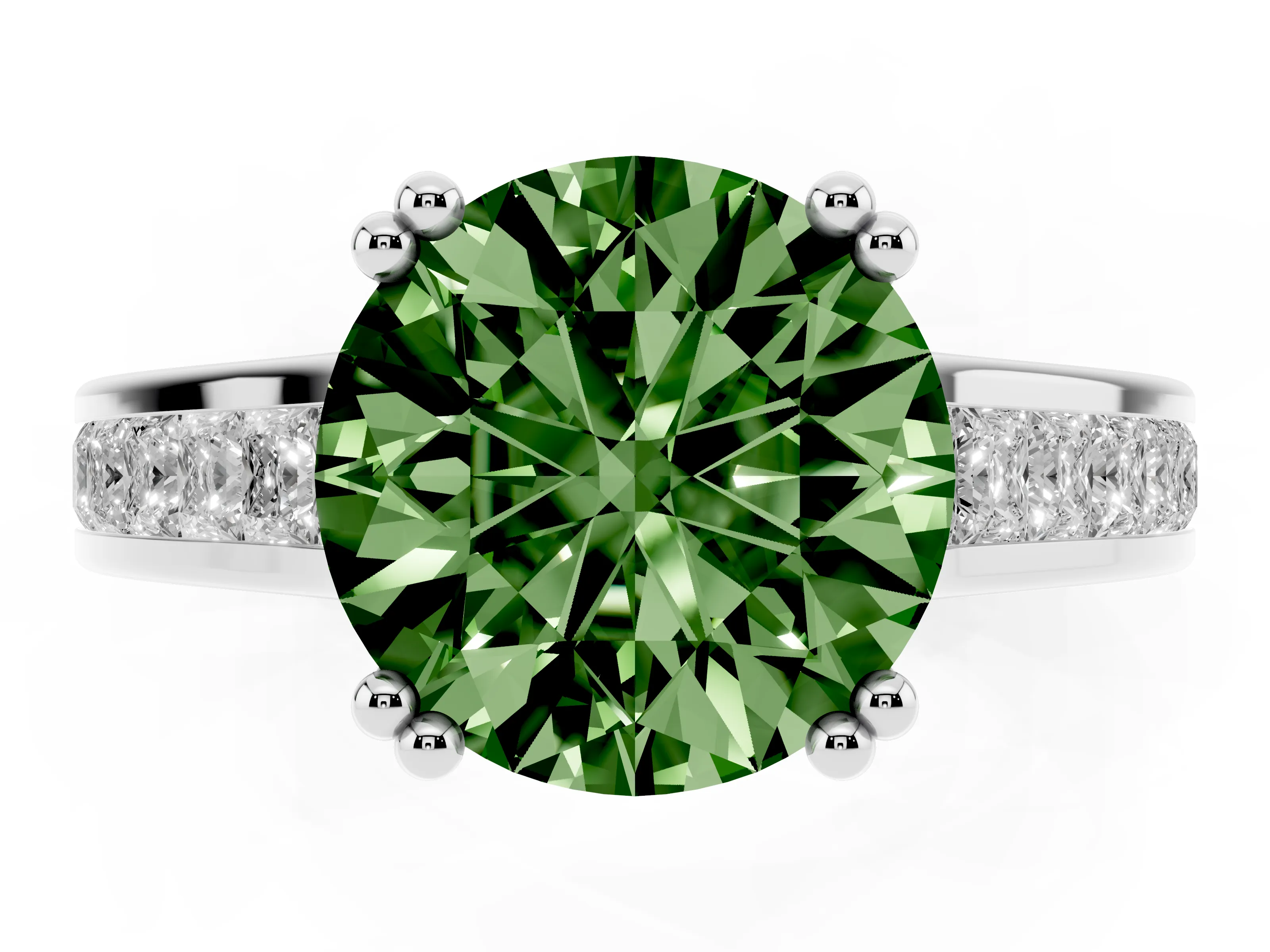 Fancy Green Round Cut Diamond Channel Set Solitaire Engagement Ring Set in Silver with Prong Setting