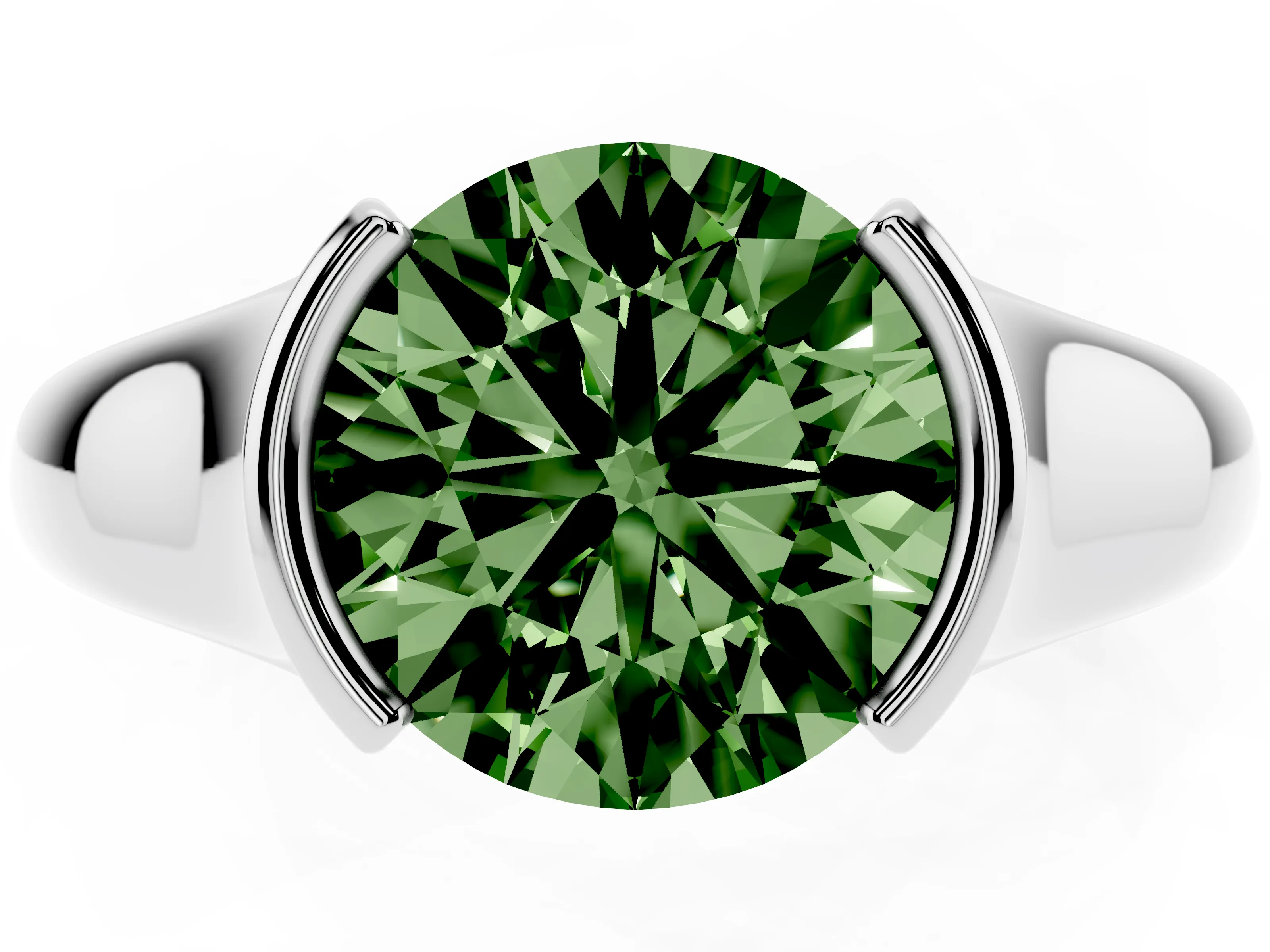 Fancy Green Round Cut Diamond Solitaire Tension Set Ring Set in Silver with Split Shank Band