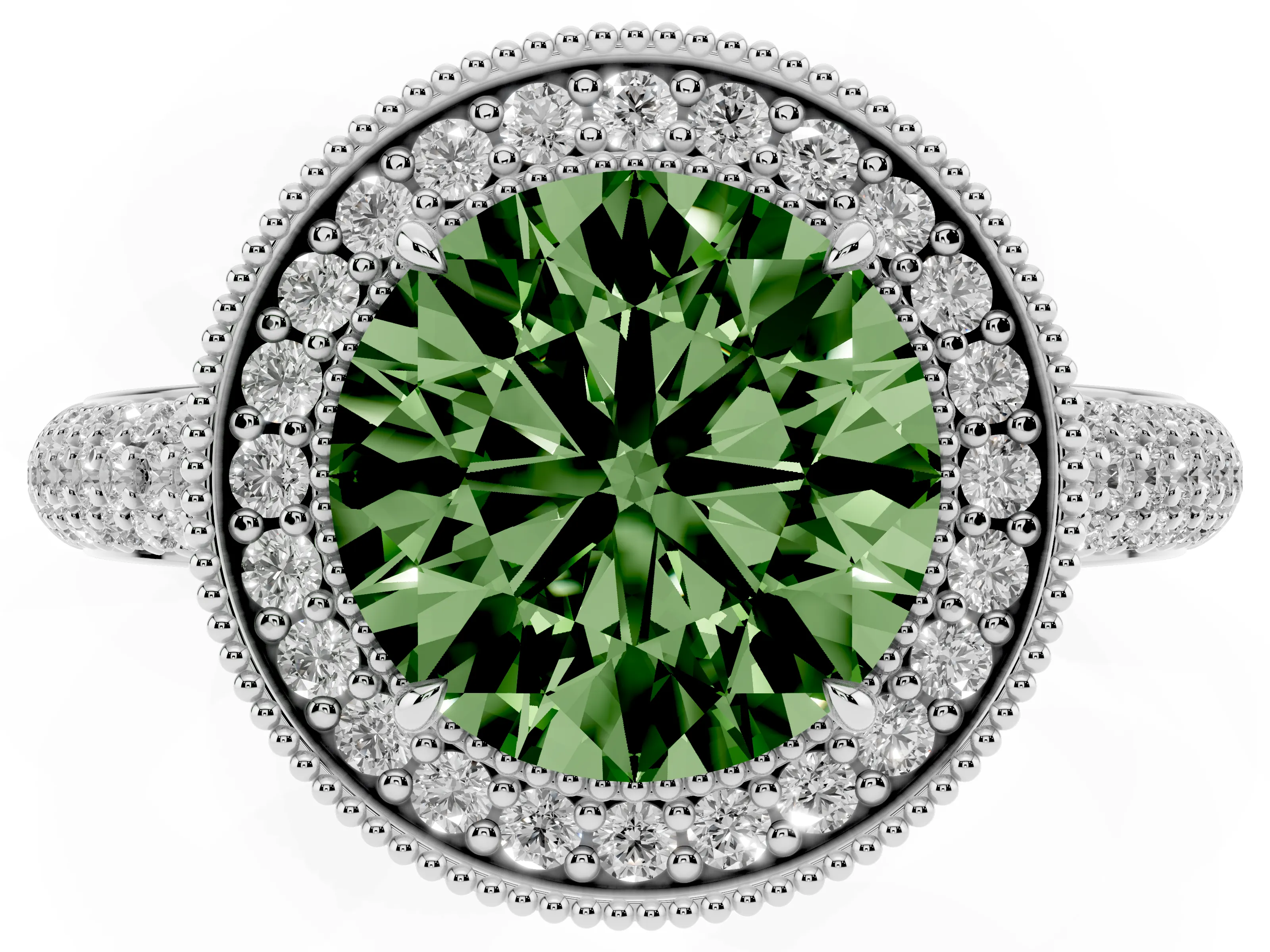 Fancy Green Round Cut Diamond Halo Pavé Band Set in White gold with Prong Setting