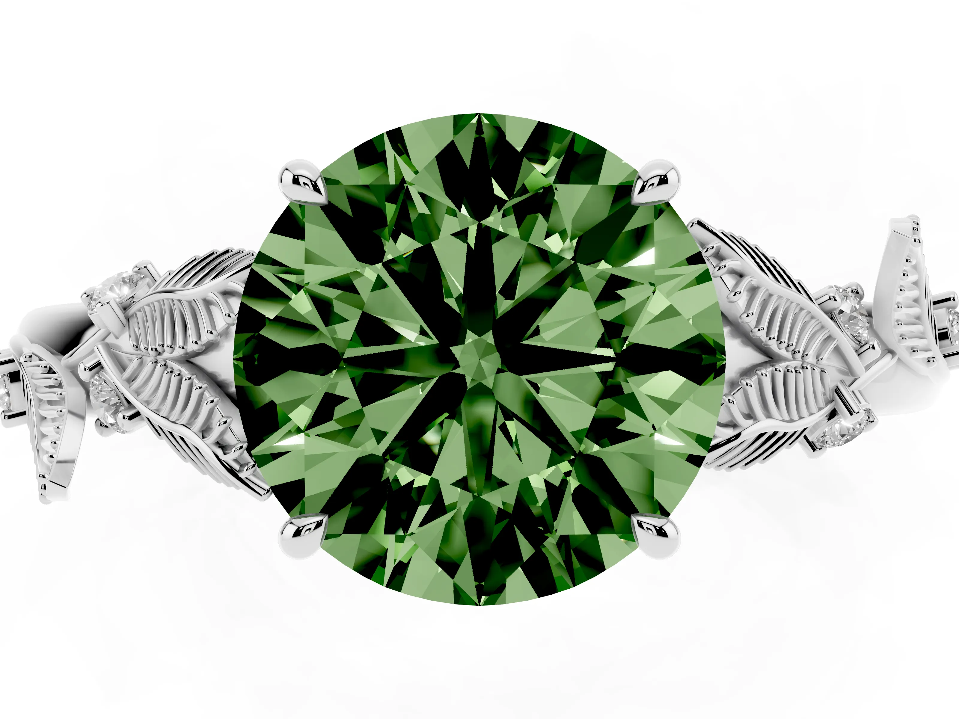 Fancy Green Round Cut Diamond Solitaire Ring Set in Silver with Leaf Motif Band