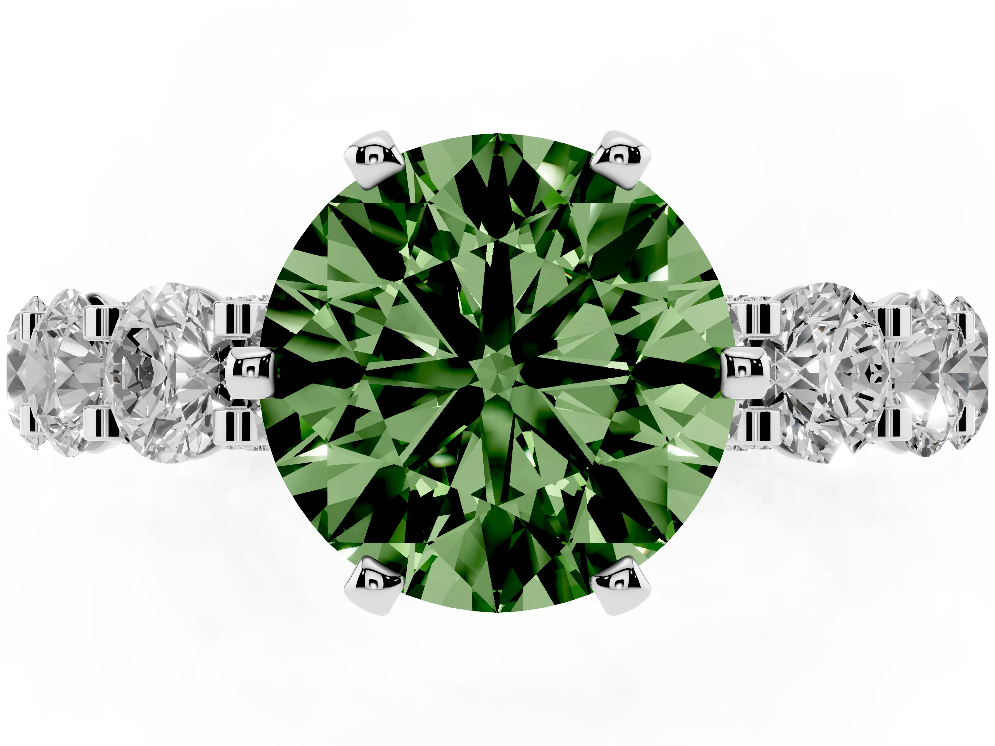 Fancy Green Round Cut Diamond Side Stone Ring Set in Silver with Alternating Round and Oval Side Stones