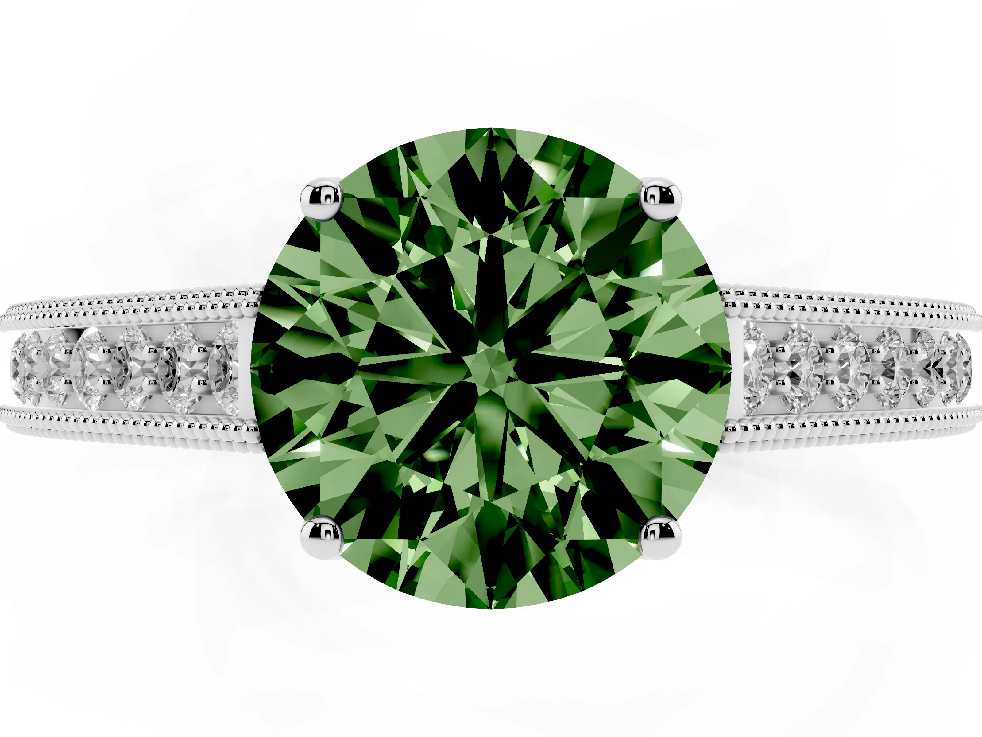 Fancy Green Round Cut Diamond Milgrain Pavé Band Solitaire Ring Set in Silver with Prong Setting