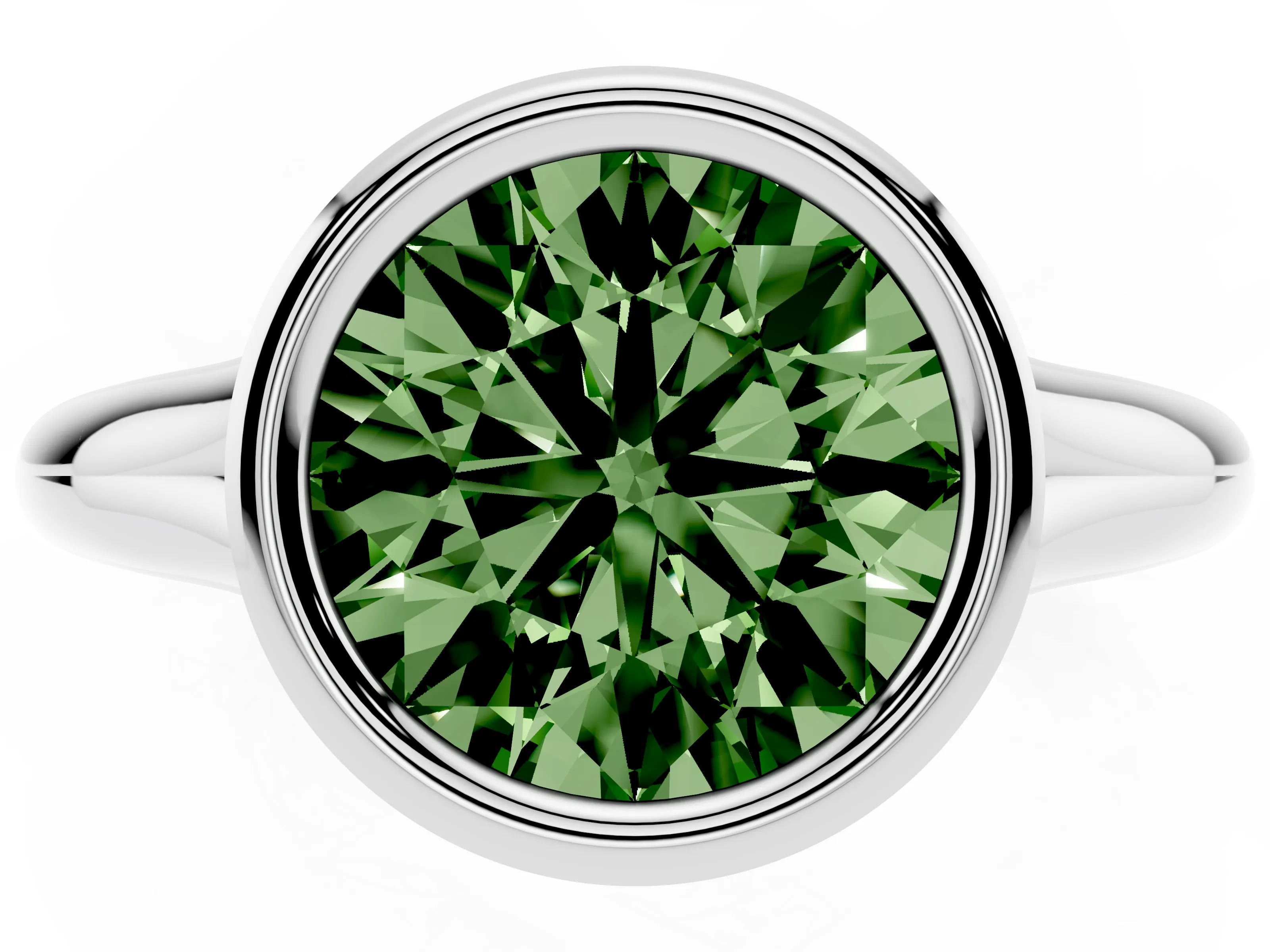 Fancy Green Bezel Set Round Cut Diamond Solitaire Ring Set in White gold with Smooth Band