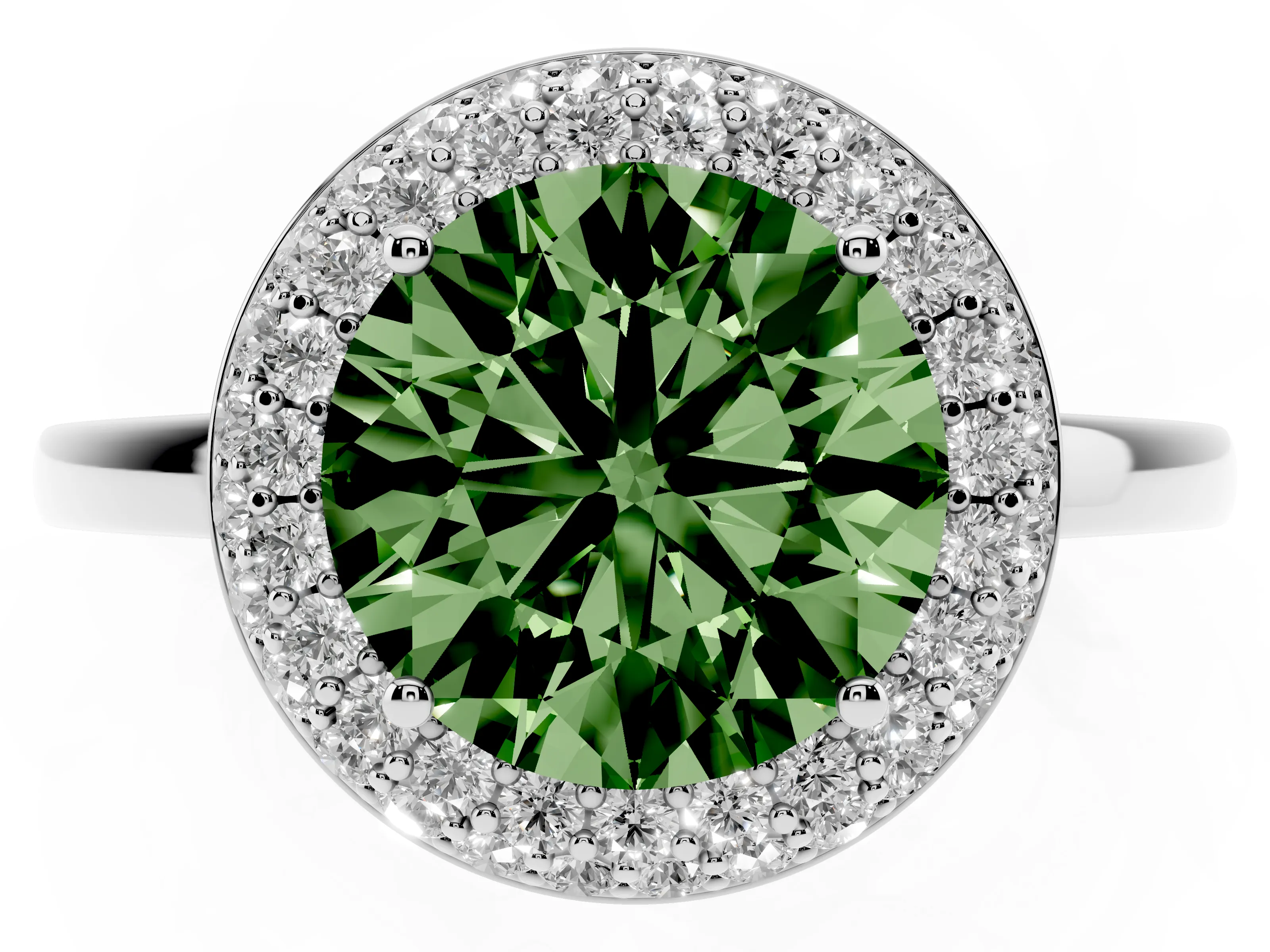 Fancy Green Round Cut Diamond Halo Engagement Ring Set in Platinum with Solitaire Band and Prong Setting