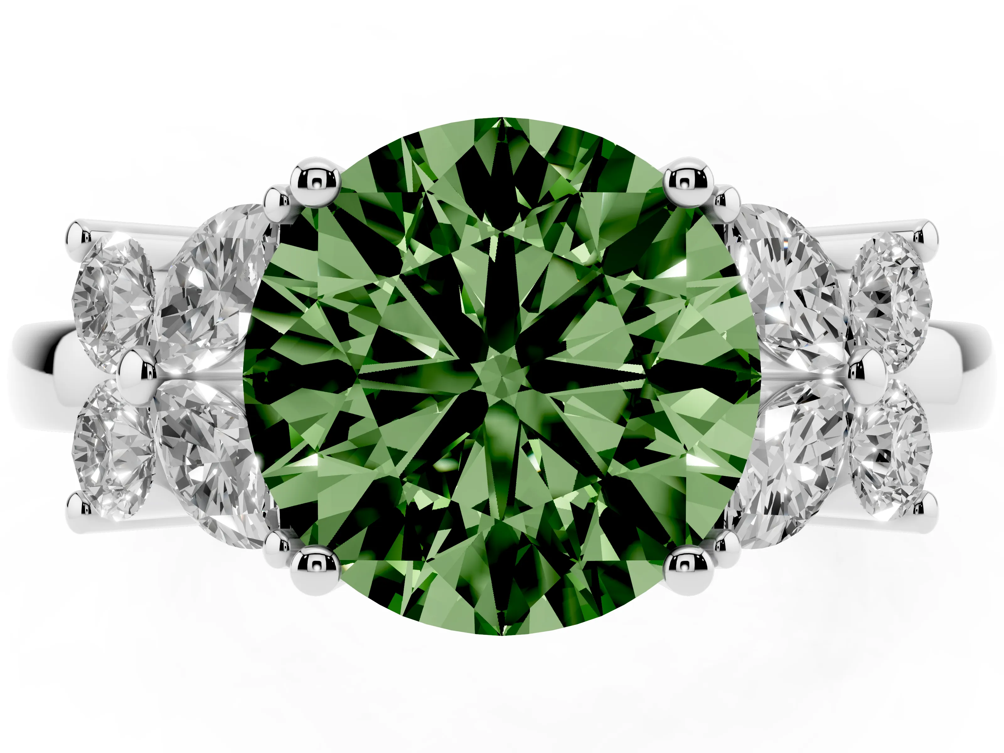 Fancy Green Round Cut Diamond Floral Cluster Ring Set in Platinum with Marquise Petals and Prong Setting