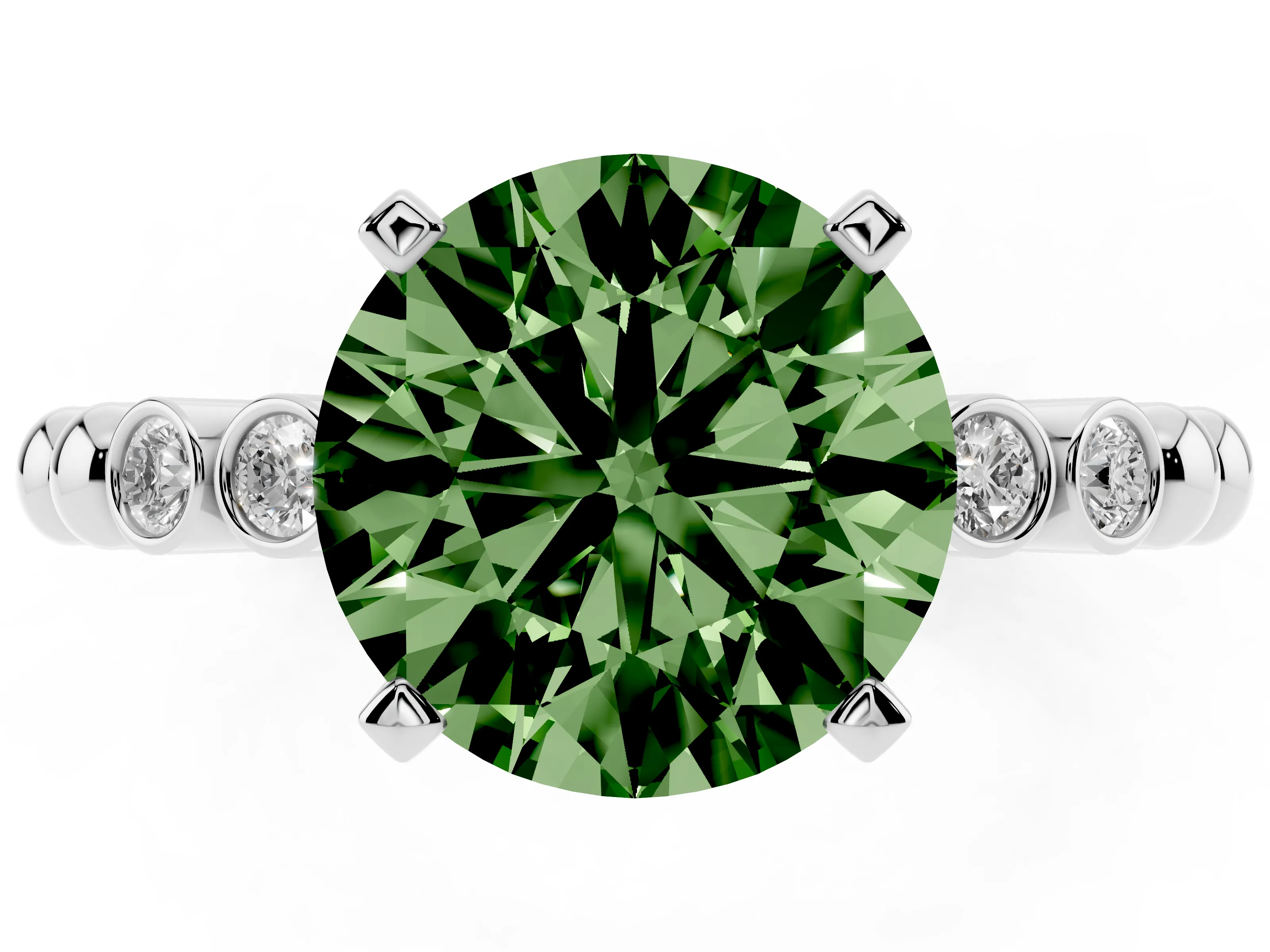 Fancy Green Round Cut Diamond Solitaire Engagement Ring Set in Platinum with Bezel Accents on Beaded Band