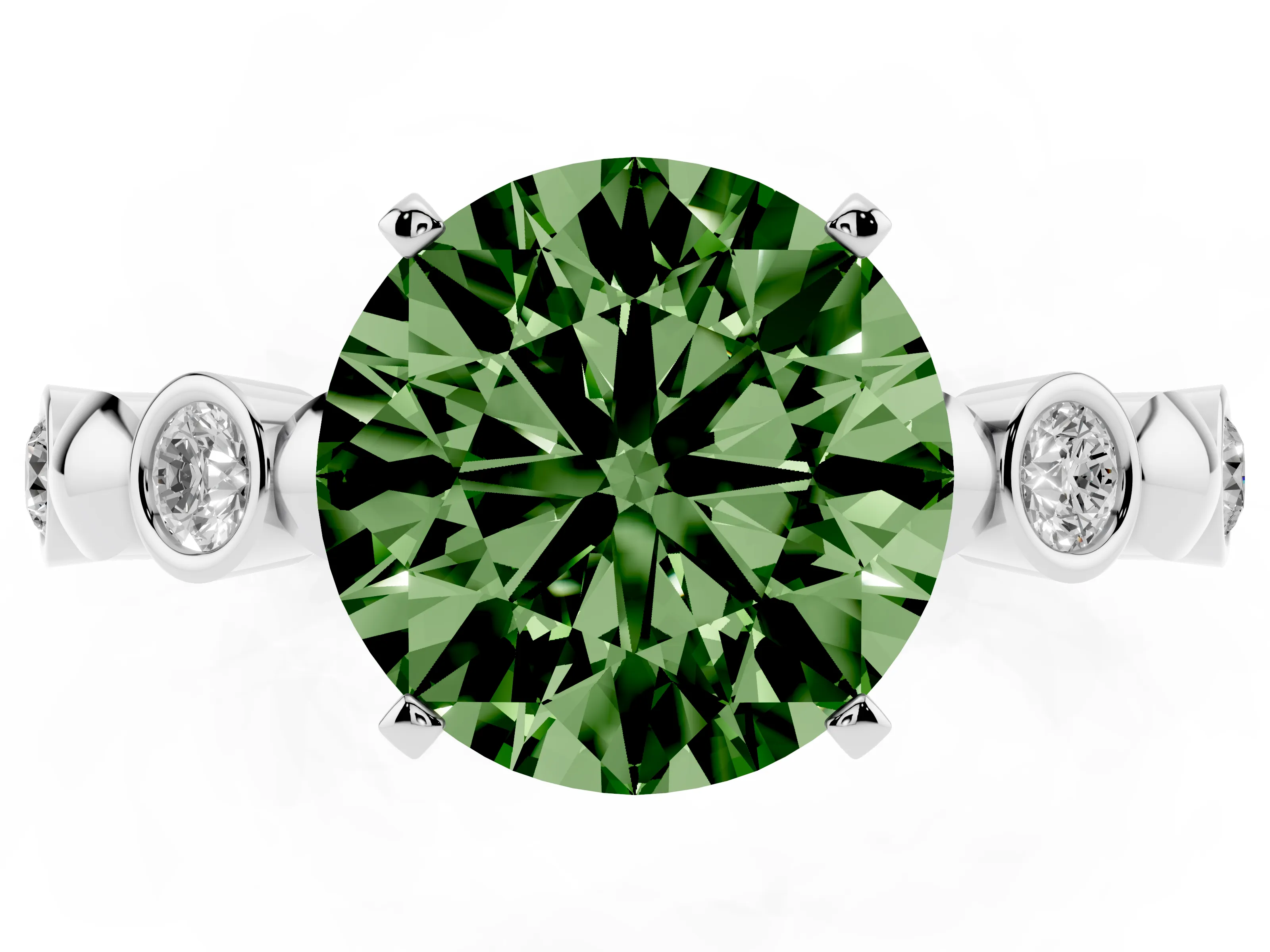 Fancy Green Round Cut Diamond Solitaire Ring Set in Silver with Bezel-Set Accents on Beaded Band and Prong Setting