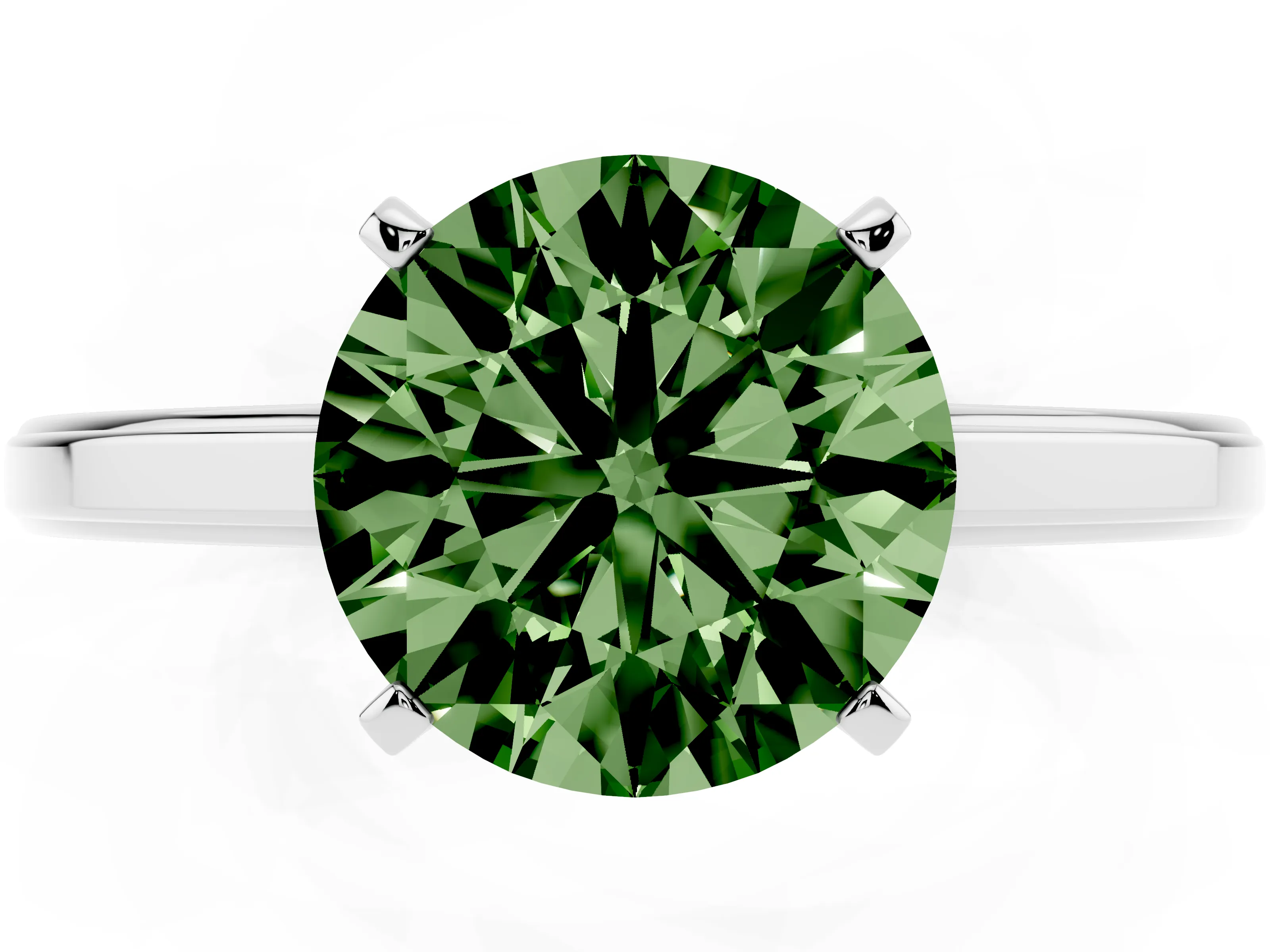 Fancy Green Round Cut Diamond Solitaire Ring Set in Platinum with Prong Setting and Classic Band