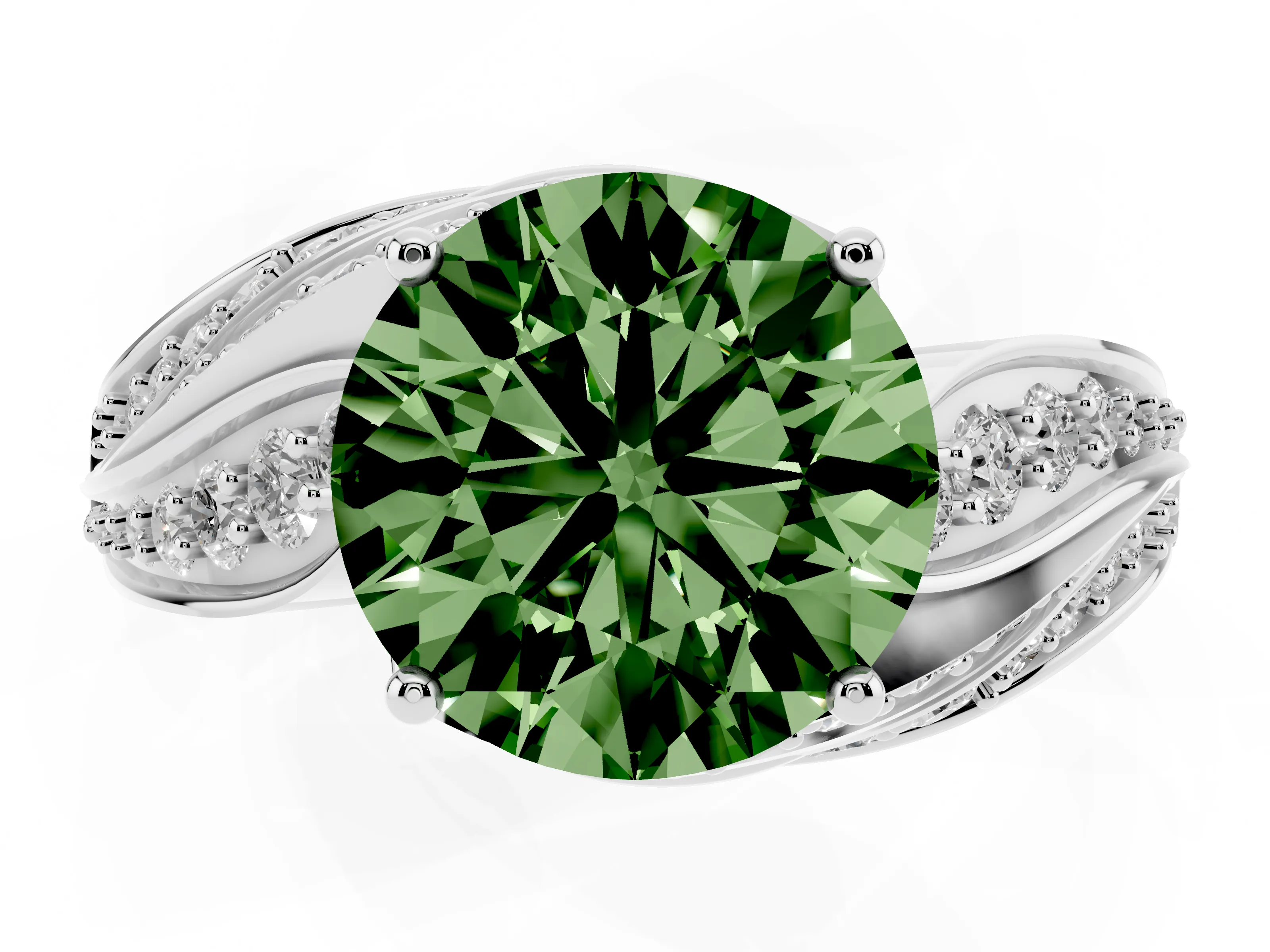 Fancy Green Round Cut Diamond Solitaire Ring Set in Silver with Layered Twist Pavé Band